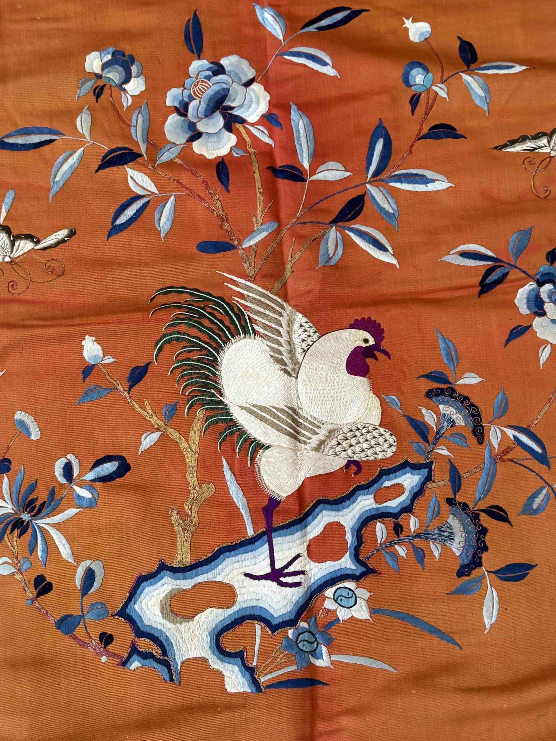 Antique Chinese Qing Dynasty Embroidered Silk Textile | 34x33”