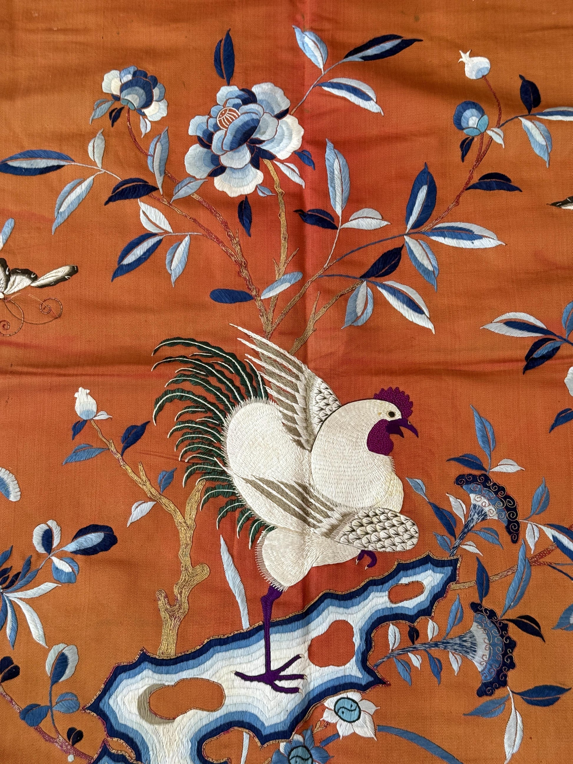 Antique Chinese Qing Dynasty Embroidered Silk Textile | 34x33”