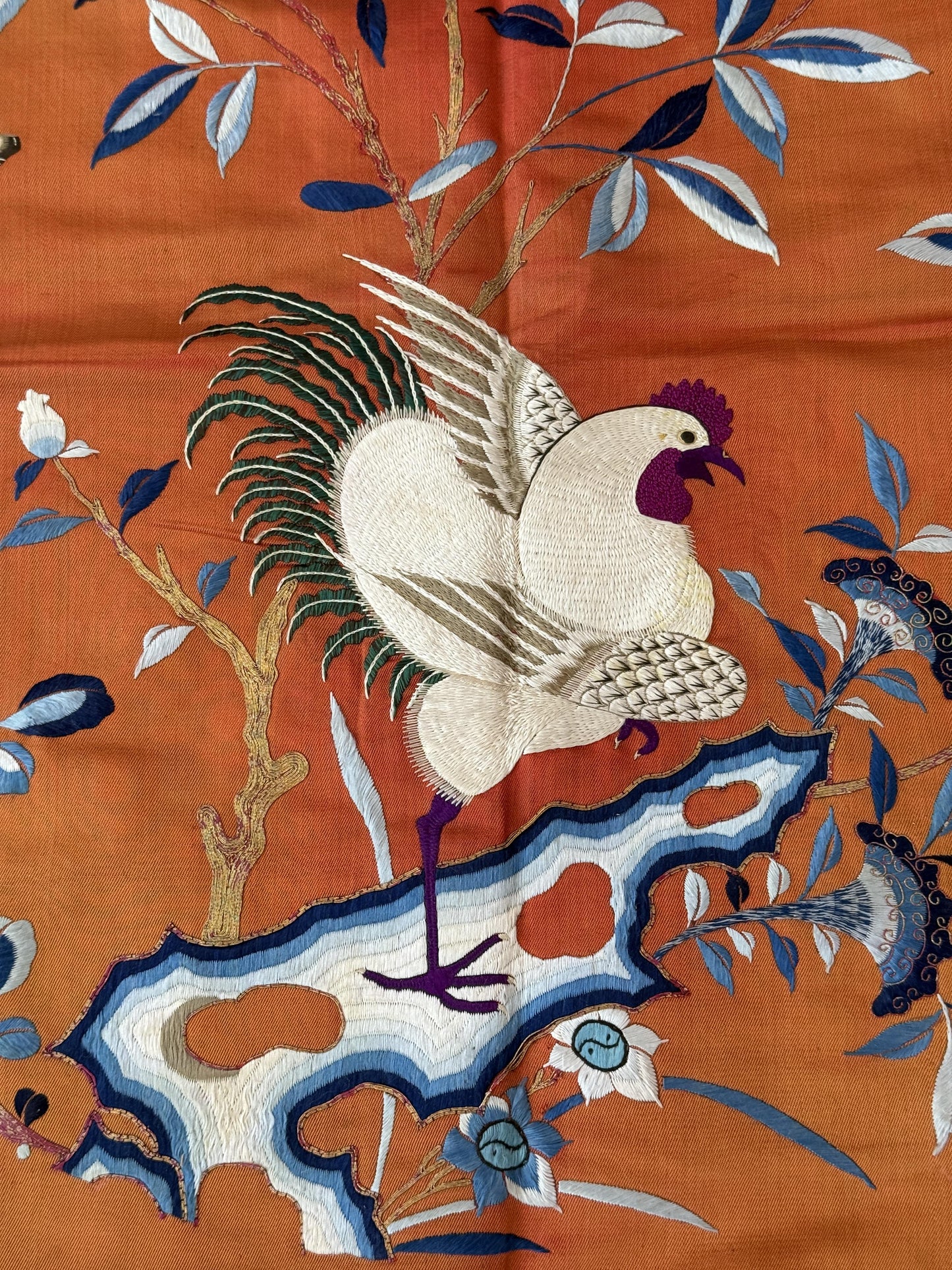 Antique Chinese Qing Dynasty Embroidered Silk Textile | 34x33”