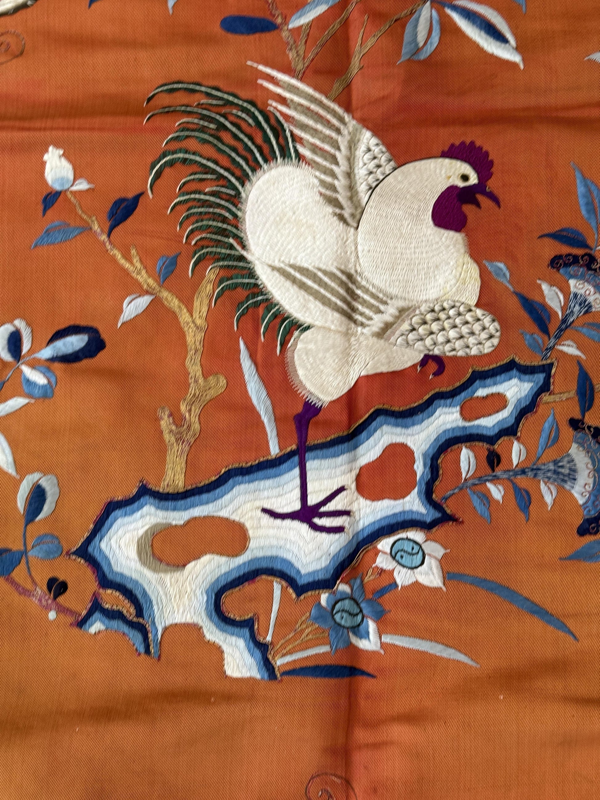 Antique Chinese Qing Dynasty Embroidered Silk Textile | 34x33”