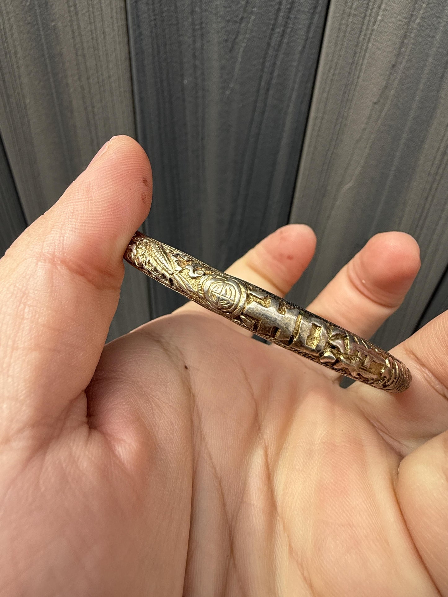 Antique Chinese Silver Dragon Bangle – 15.72g, 2.77” Diameter