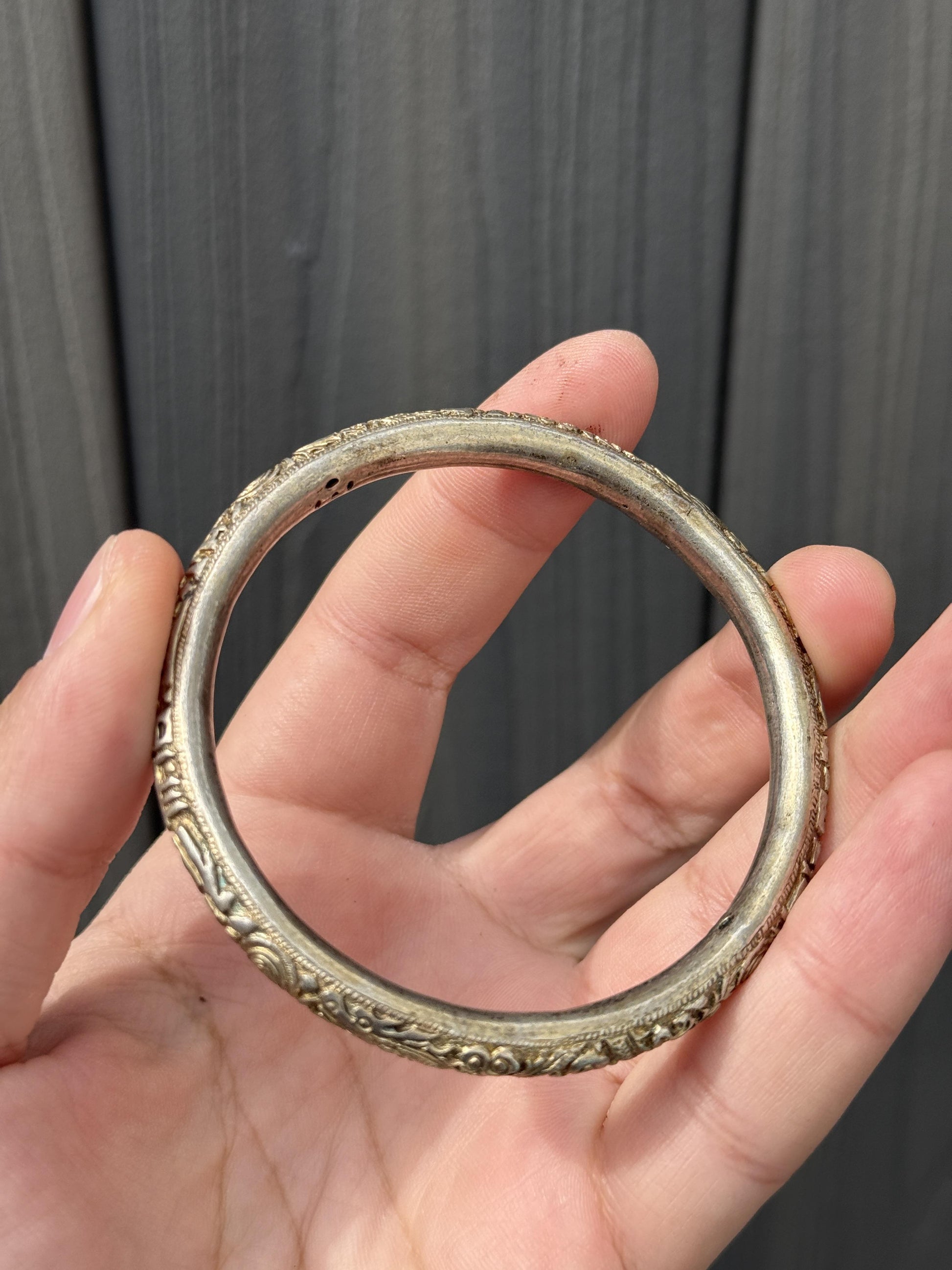 Antique Chinese Silver Dragon Bangle – 15.72g, 2.77” Diameter