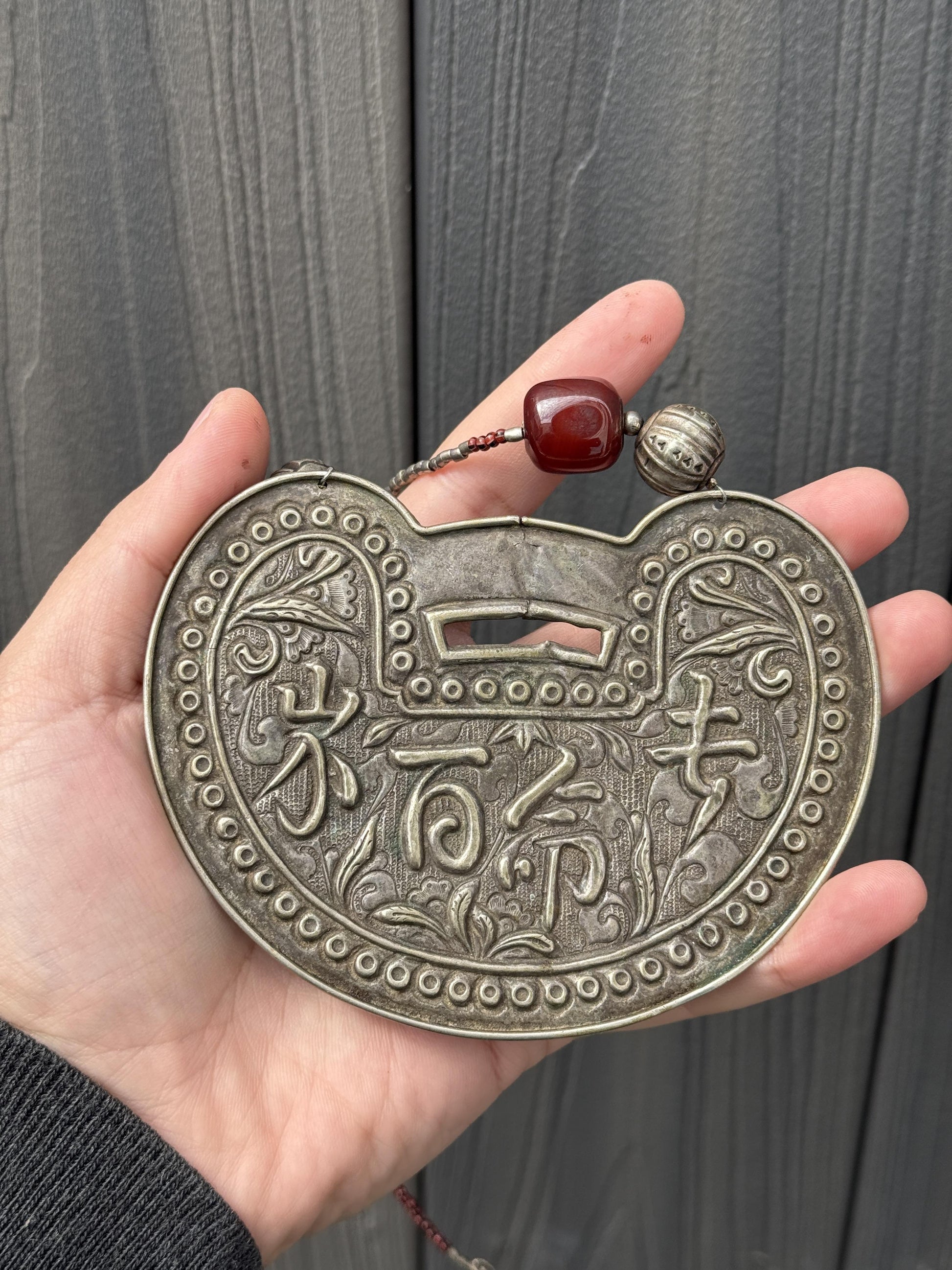 Antique Chinese Silver Longevity Pendant Necklace – 53.20g, 4.65” x 3.5”