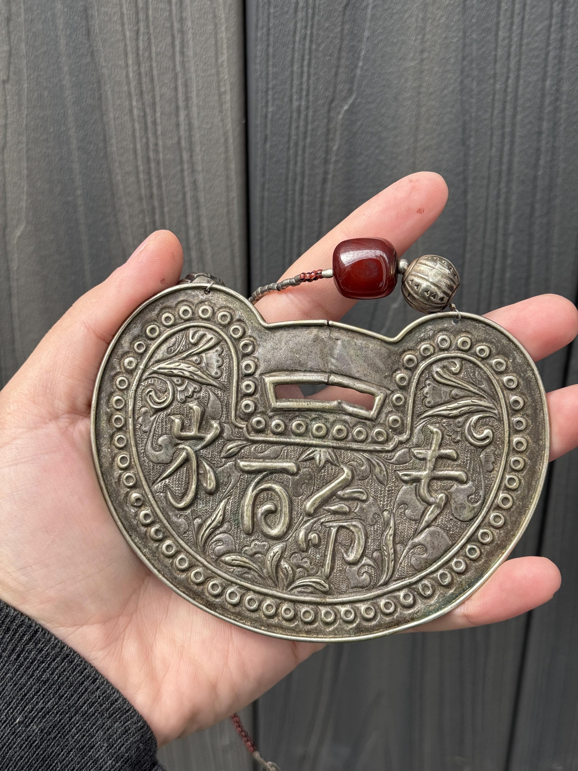 Antique Chinese Silver Longevity Pendant Necklace – 53.20g, 4.65” x 3.5”