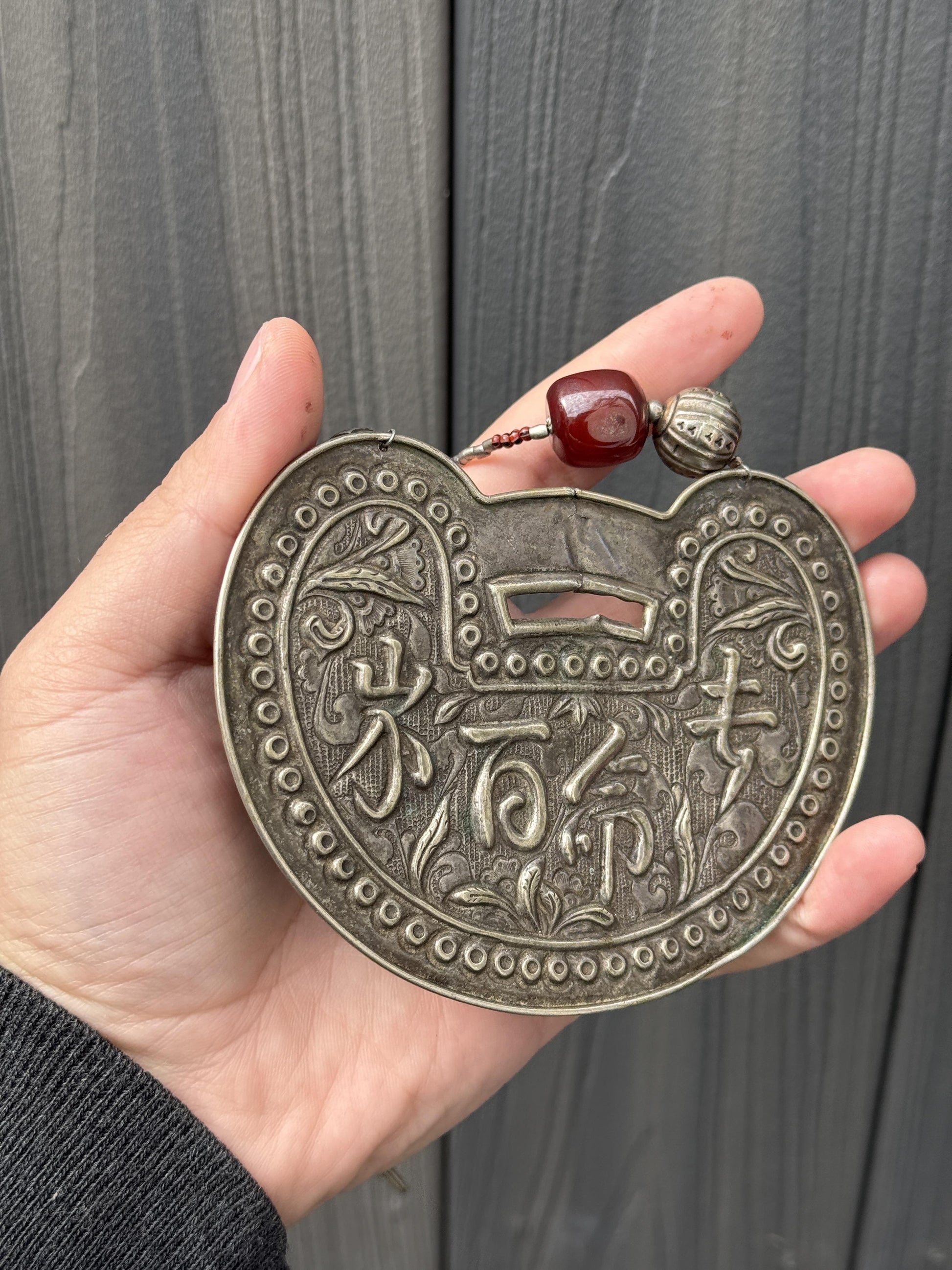 Antique Chinese Silver Longevity Pendant Necklace – 53.20g, 4.65” x 3.5”