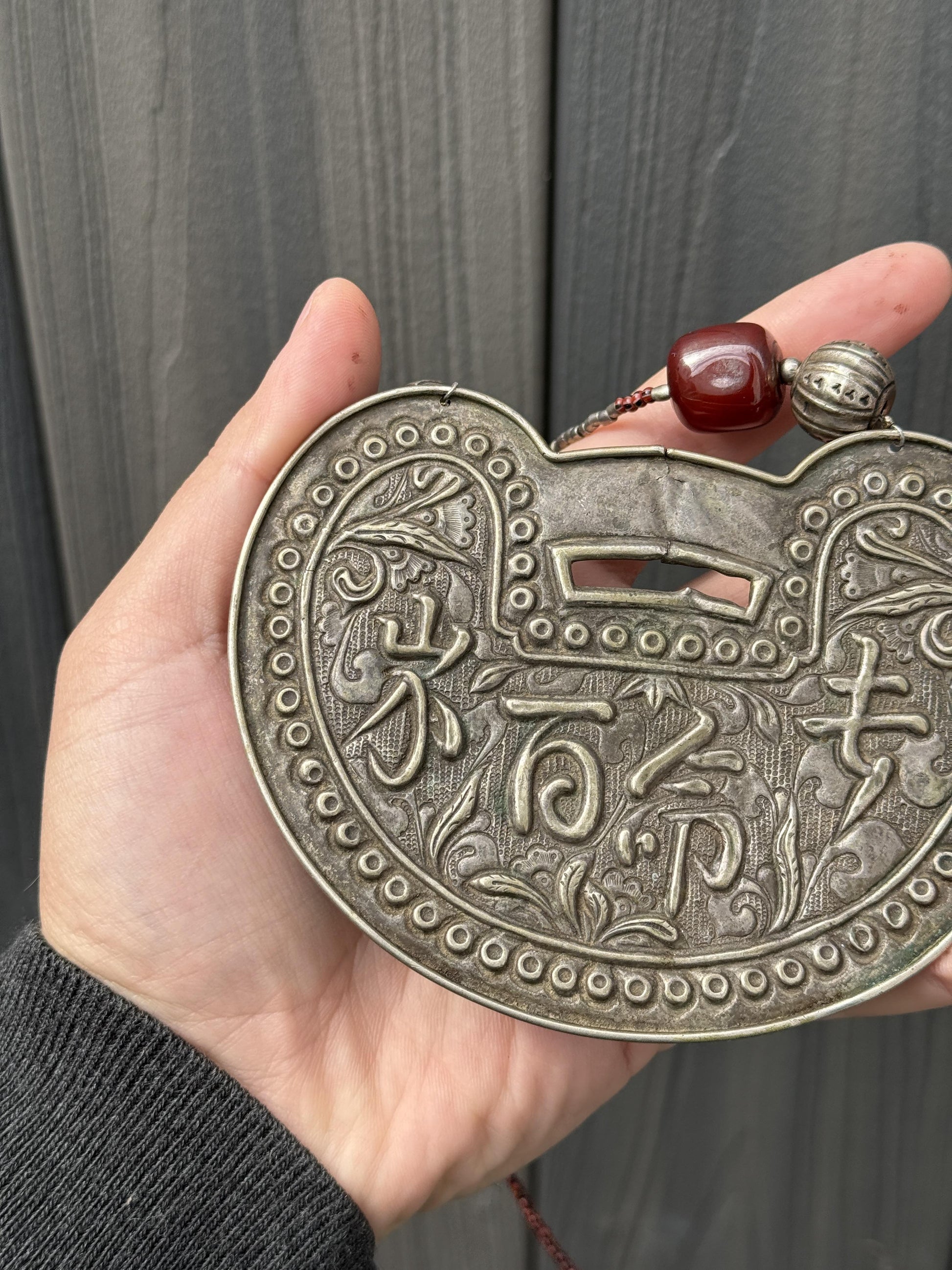 Antique Chinese Silver Longevity Pendant Necklace – 53.20g, 4.65” x 3.5”