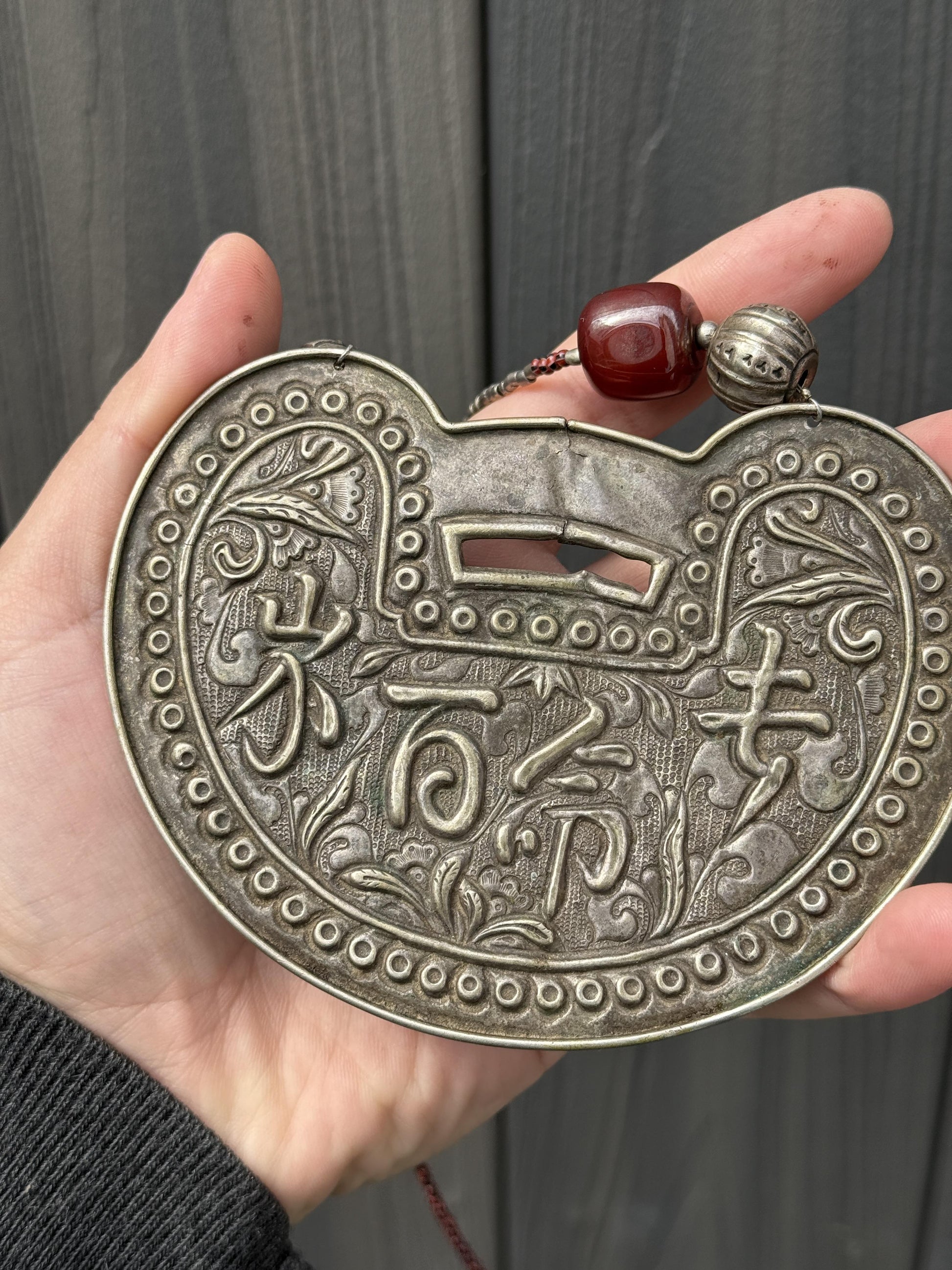 Antique Chinese Silver Longevity Pendant Necklace – 53.20g, 4.65” x 3.5”