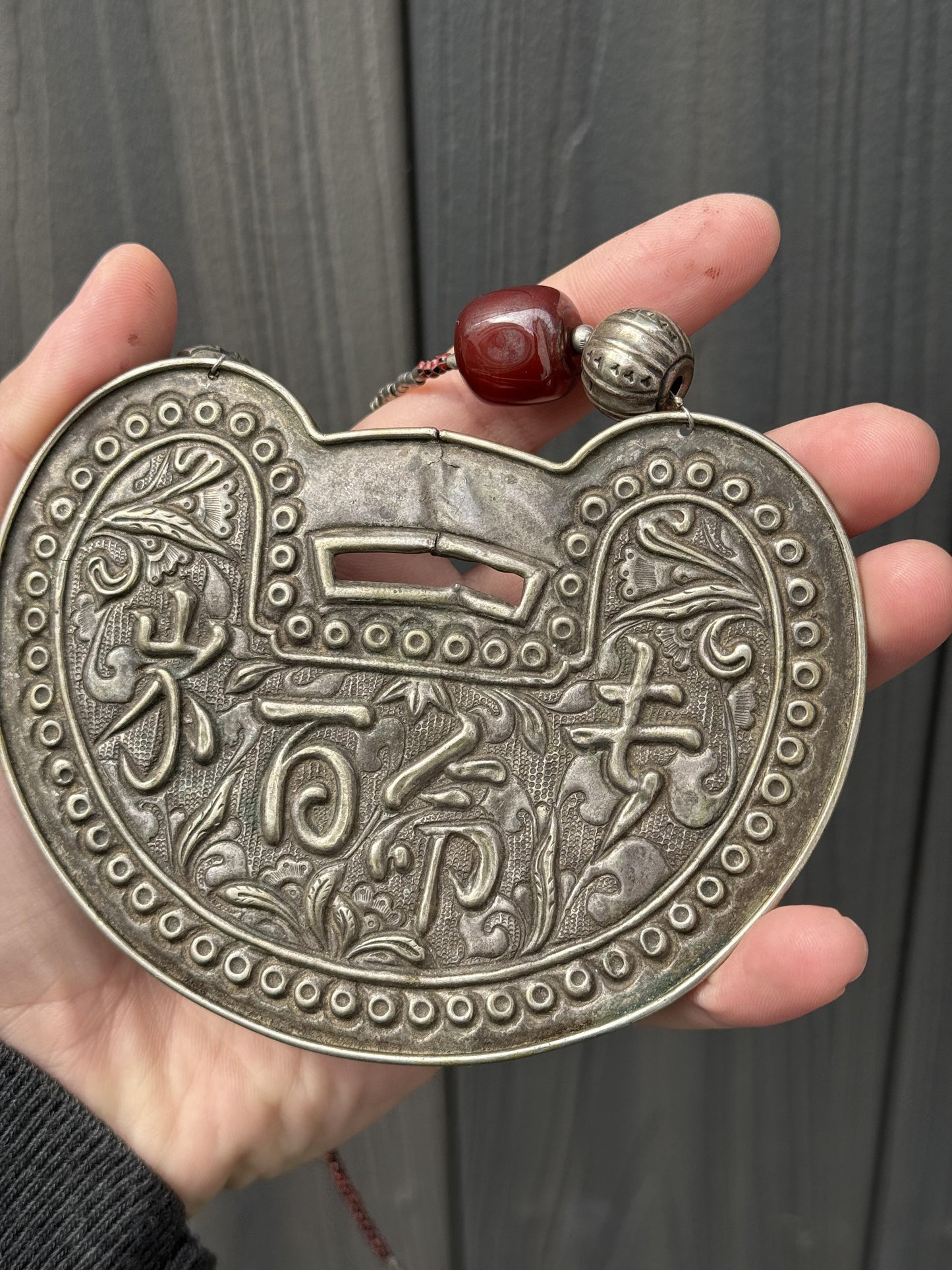 Antique Chinese Silver Longevity Pendant Necklace – 53.20g, 4.65” x 3.5”