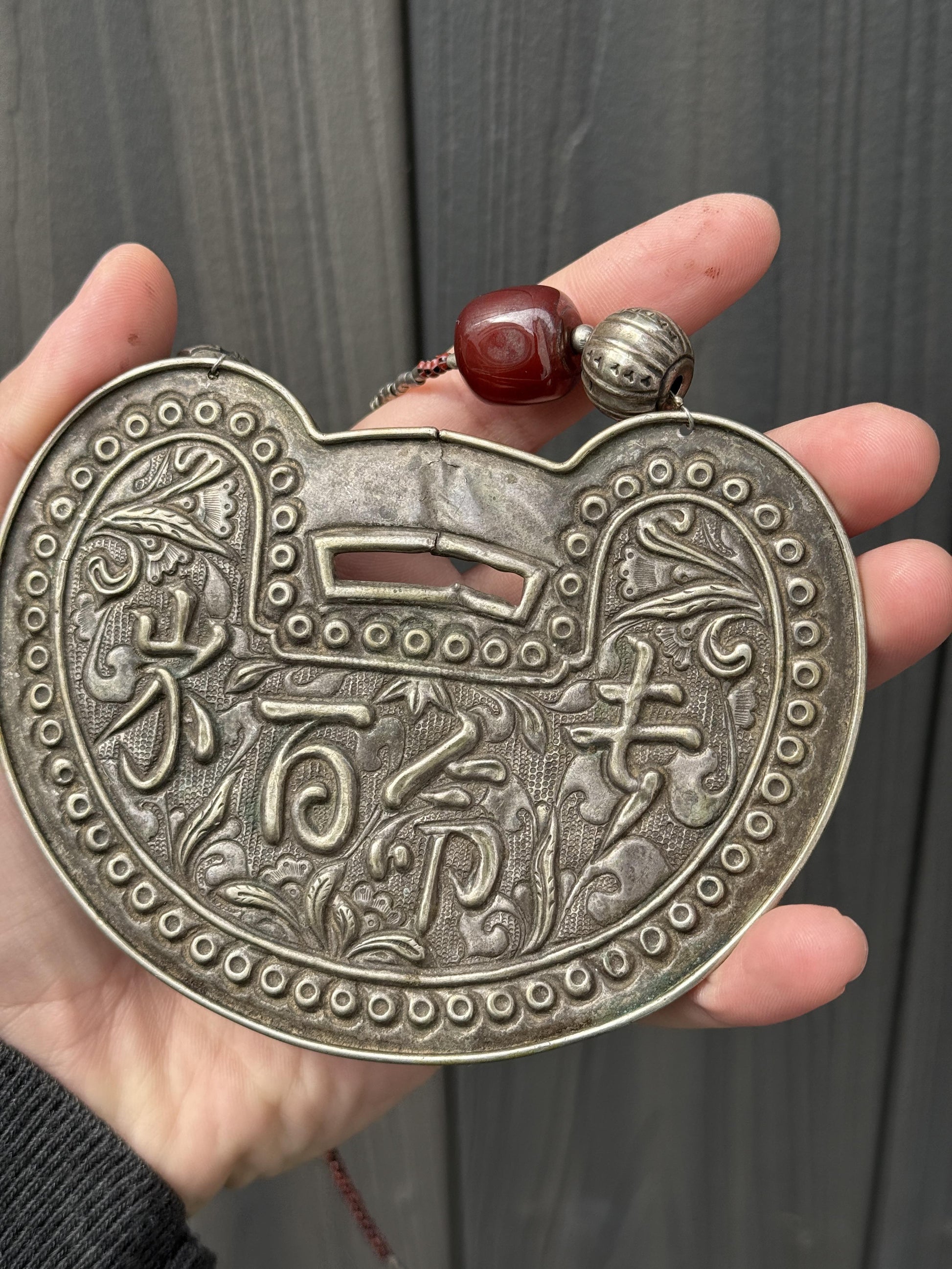 Antique Chinese Silver Longevity Pendant Necklace – 53.20g, 4.65” x 3.5”