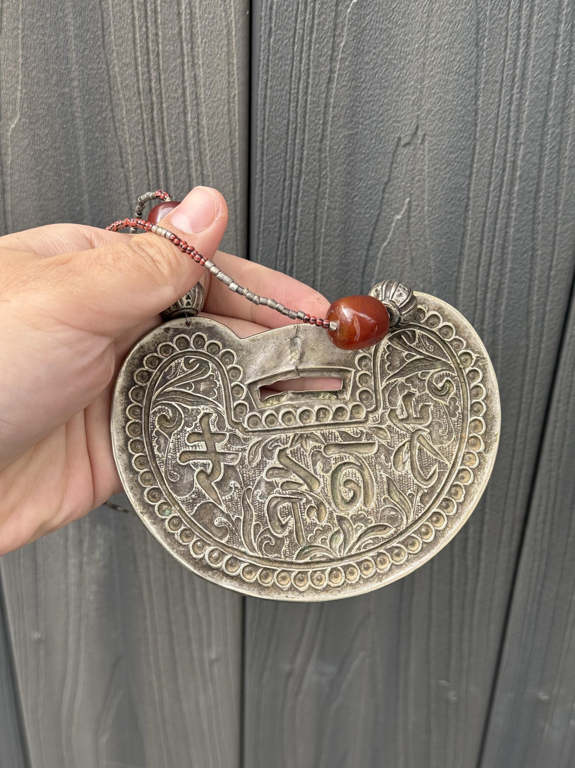Antique Chinese Silver Longevity Pendant Necklace – 53.20g, 4.65” x 3.5”