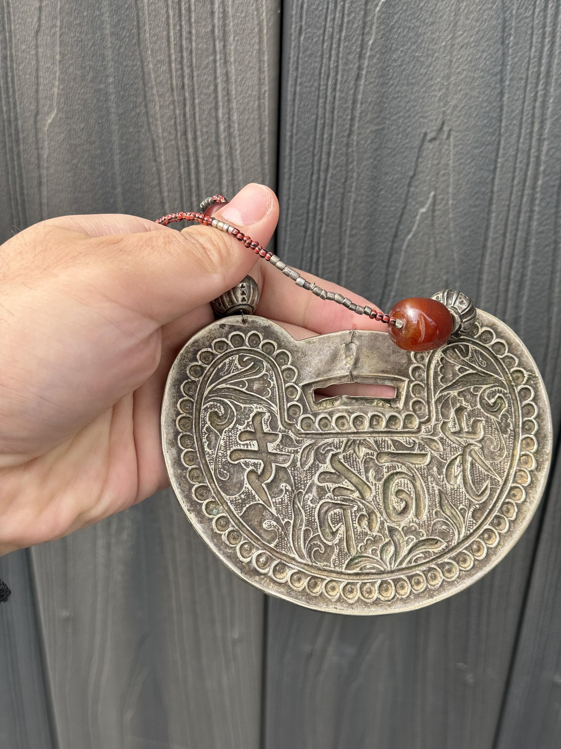 Antique Chinese Silver Longevity Pendant Necklace – 53.20g, 4.65” x 3.5”