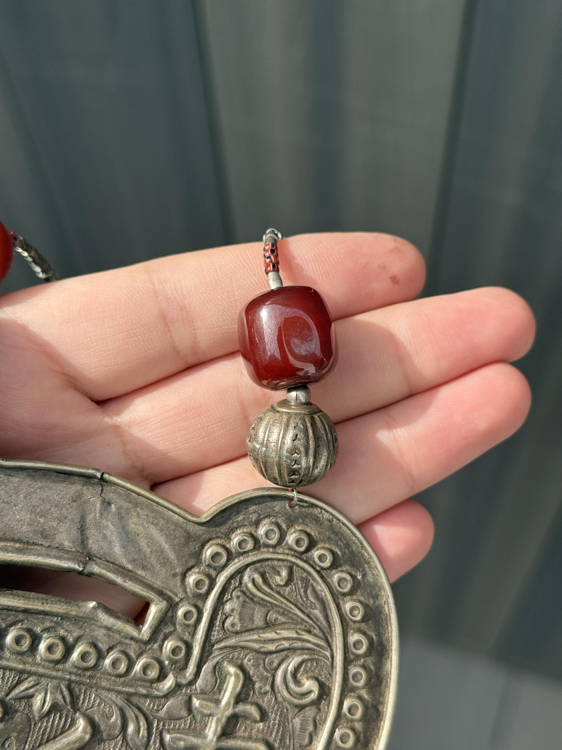 Antique Chinese Silver Longevity Pendant Necklace – 53.20g, 4.65” x 3.5”
