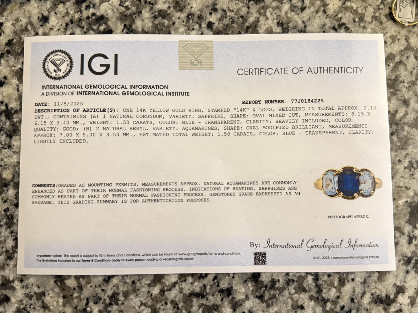 14K Yellow Gold IGI Certified Natural Sapphire & Aquamarine Ring Size 5.75