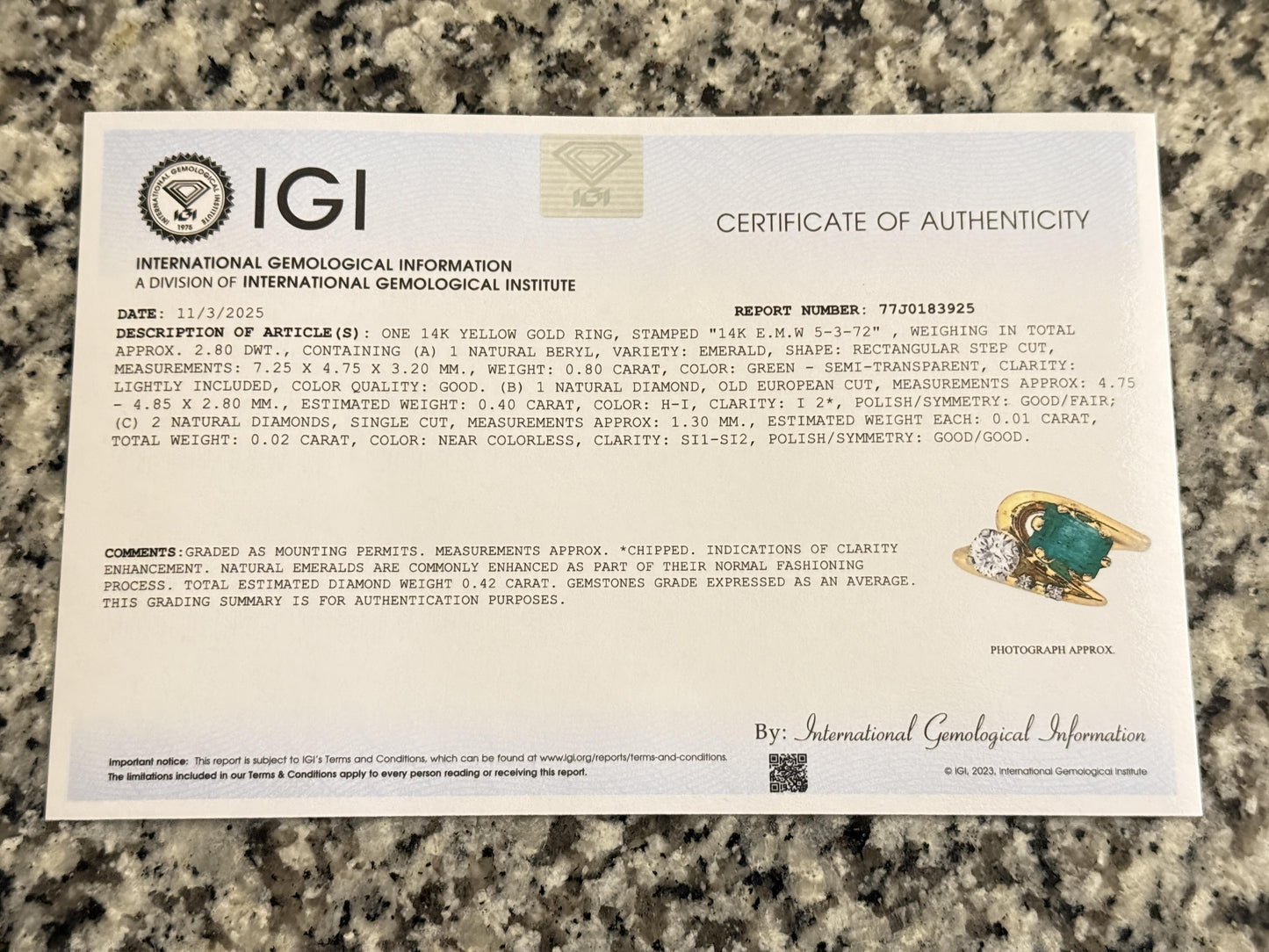 Art Deco 14K Yellow Gold Emerald & Old Euro Diamond Ring Size 6 IGI Certified