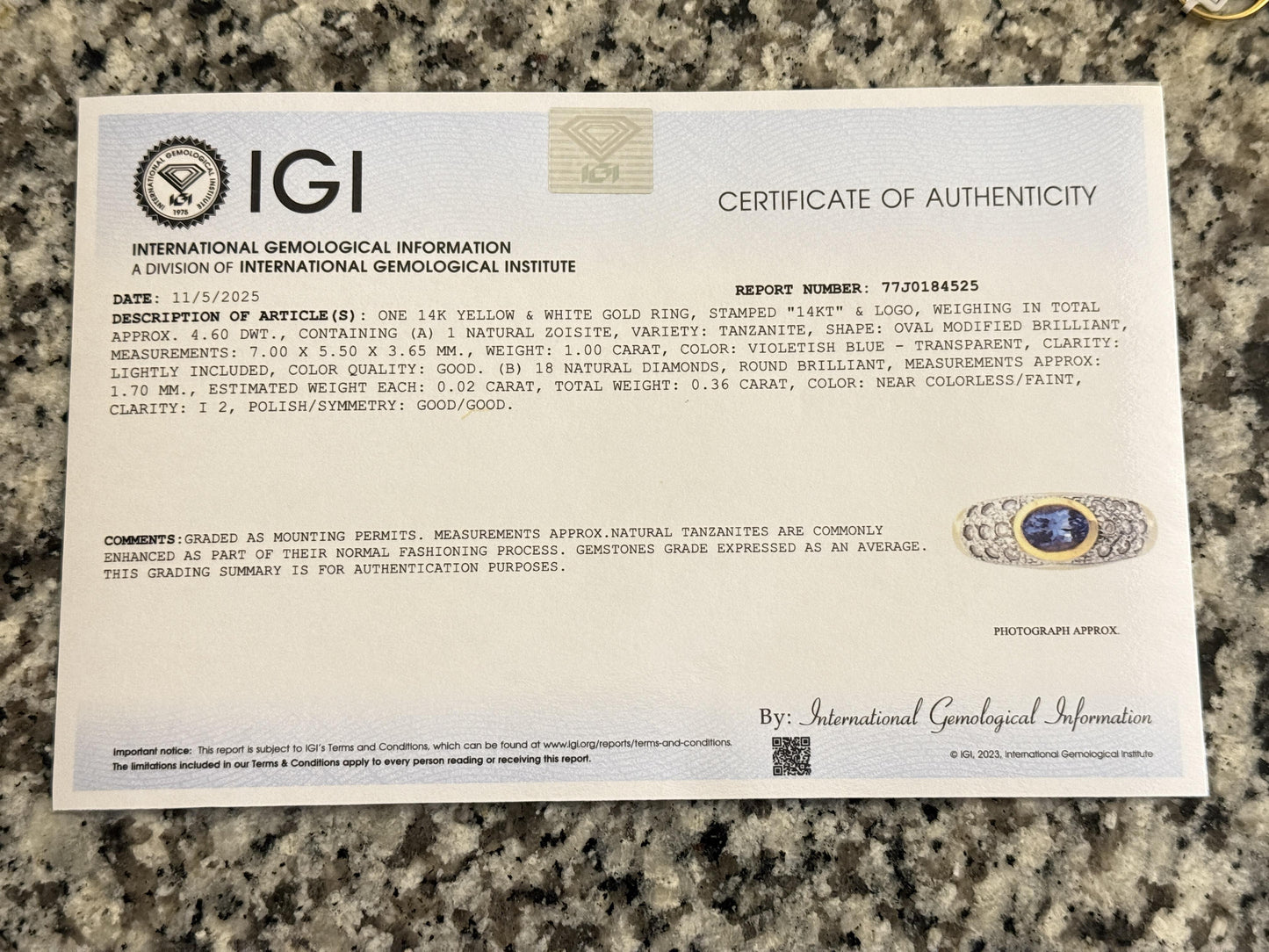 14K Yellow & White Gold IGI Certified 1 Carat Tanzanite Ring Size 6.75