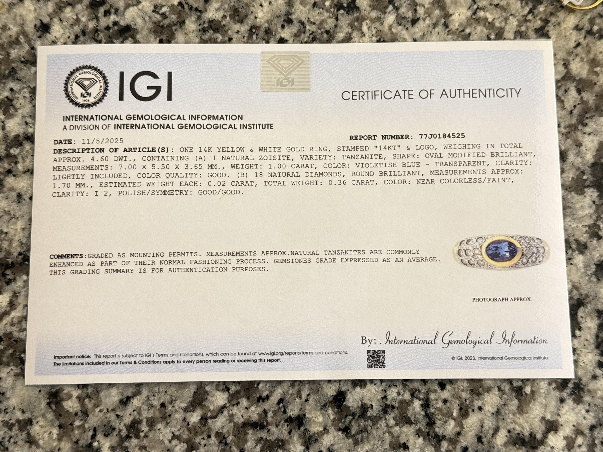 14K Yellow & White Gold IGI Certified 1 Carat Tanzanite Ring Size 6.75
