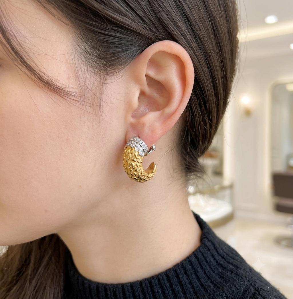 Carrera y Carrera 18K Gold Pave Diamond Textured Hoop Earrings Vintage