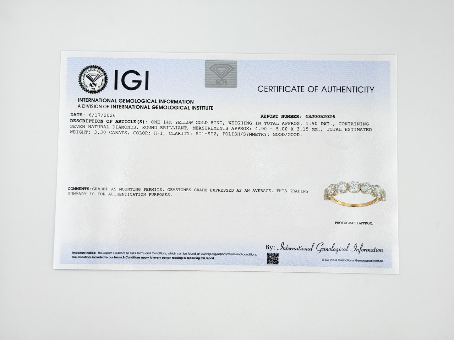 IGI Certified 3.30 CTW 7 Natural Diamond Wedding Band 14K Yellow Gold Size 6.5