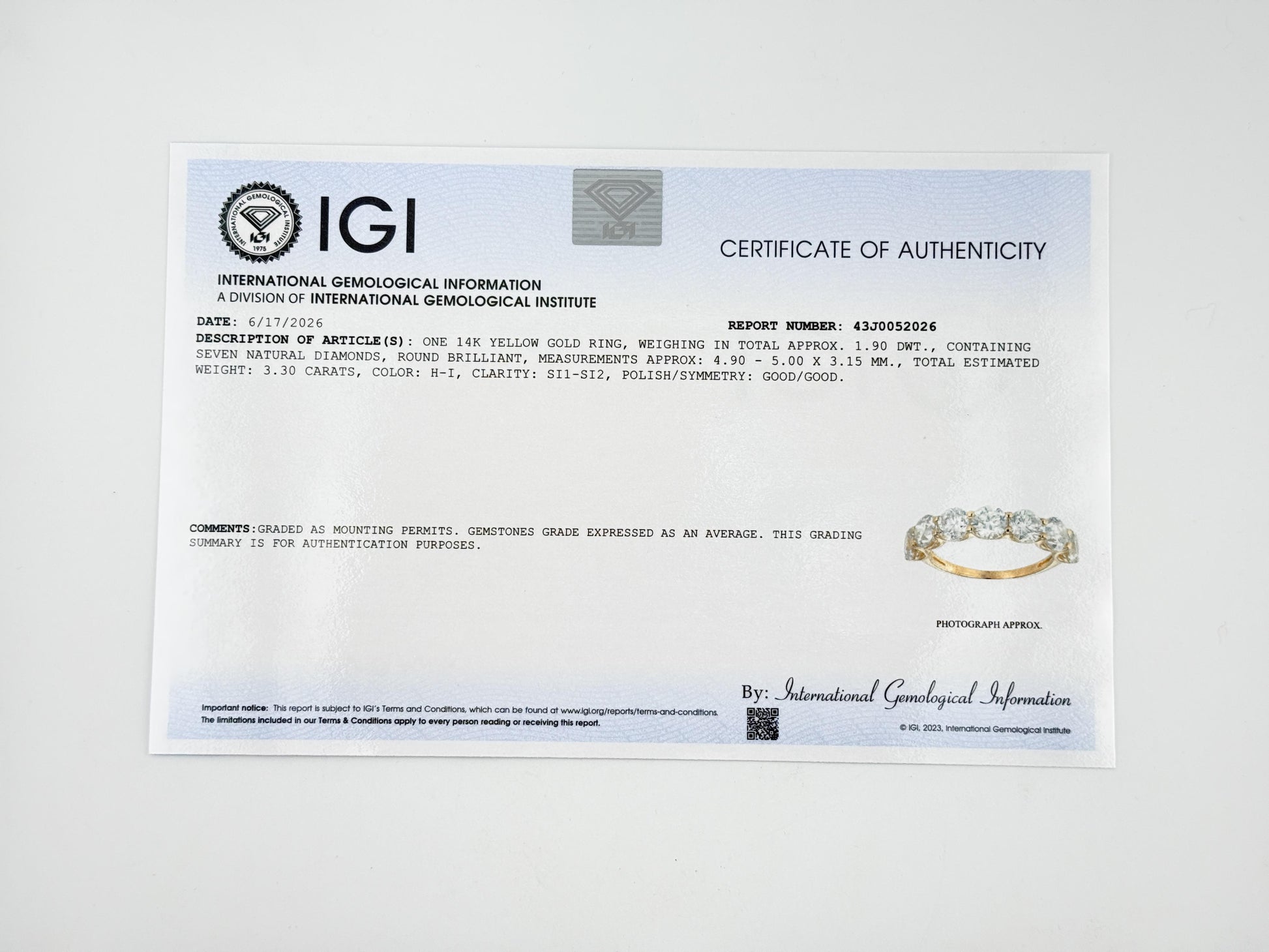 IGI Certified 3.30 CTW 7 Natural Diamond Wedding Band 14K Yellow Gold Size 6.5