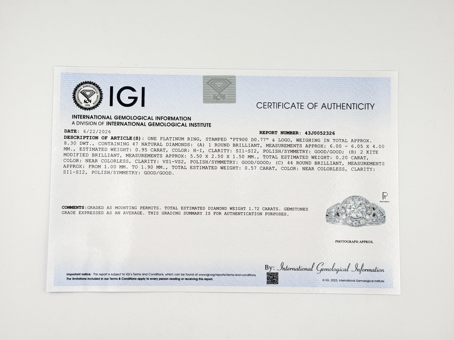 IGI Certified 1.72 CTW Diamond Halo Ring with Kite Side Diamonds Size 5