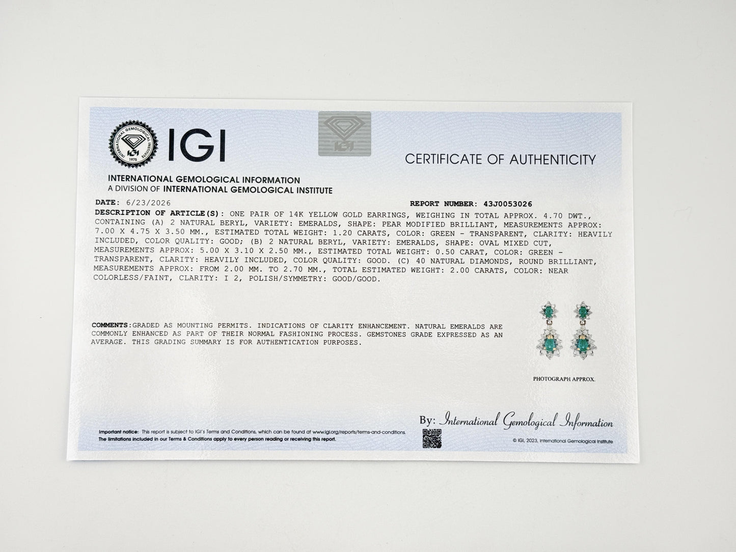 IGI Certified 1.70 CTW Natural Emerald & 2.00 CTW Diamond Drop Earrings in 14K