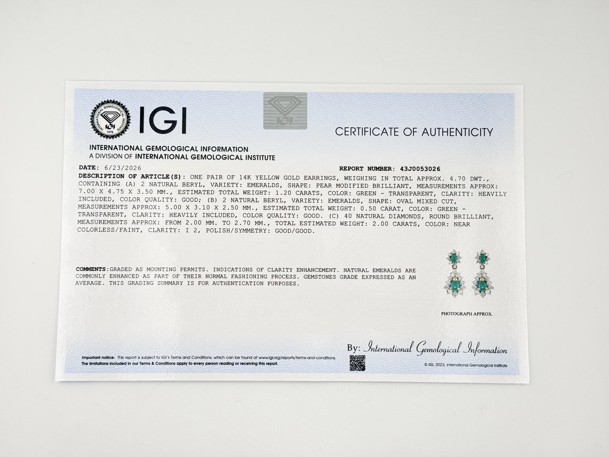 IGI Certified 1.70 CTW Natural Emerald & 2.00 CTW Diamond Drop Earrings in 14K