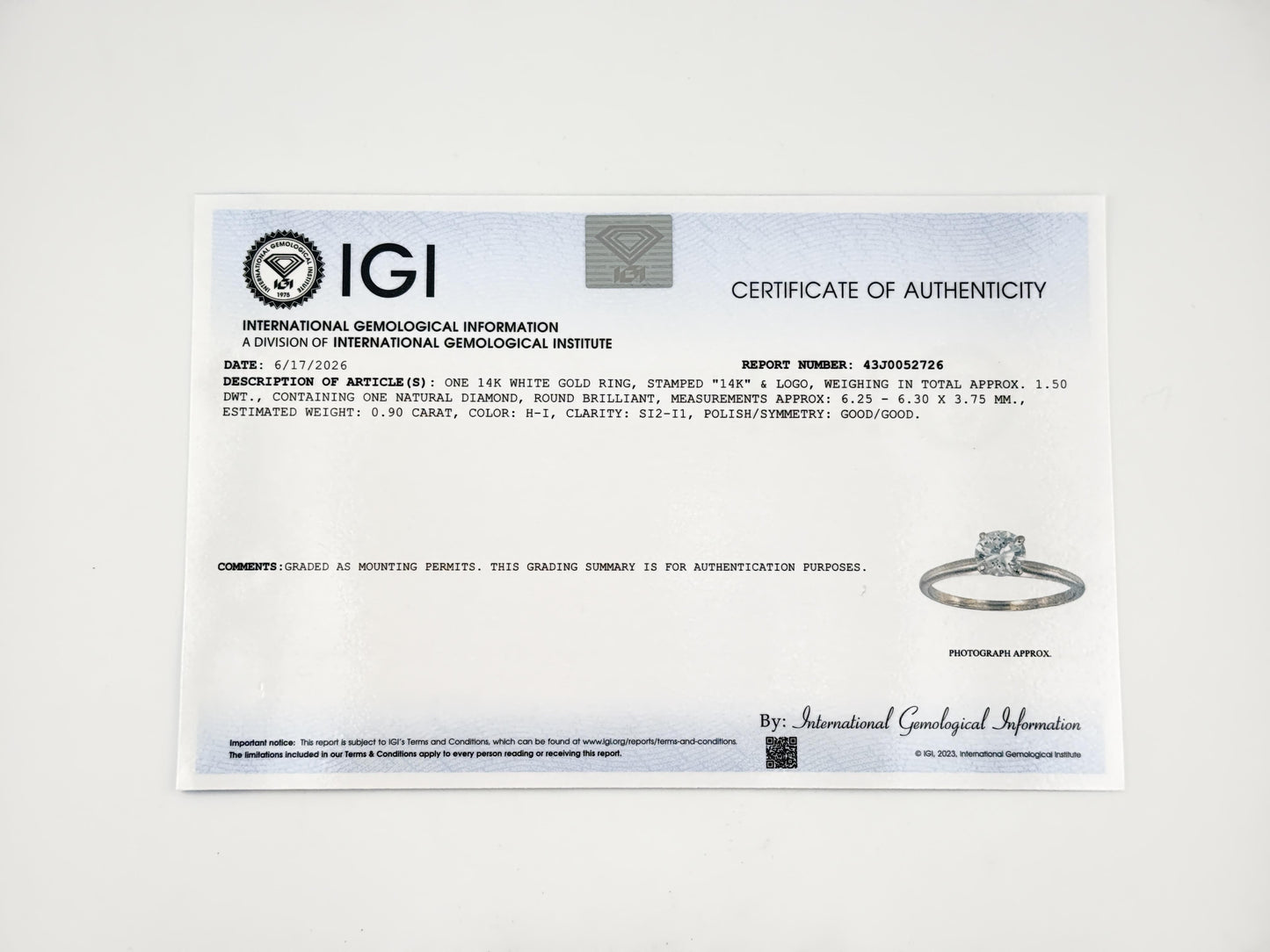 IGI Certified 0.90 CT Natural Diamond Solitaire Engagement Ring 14K Gold Size 9