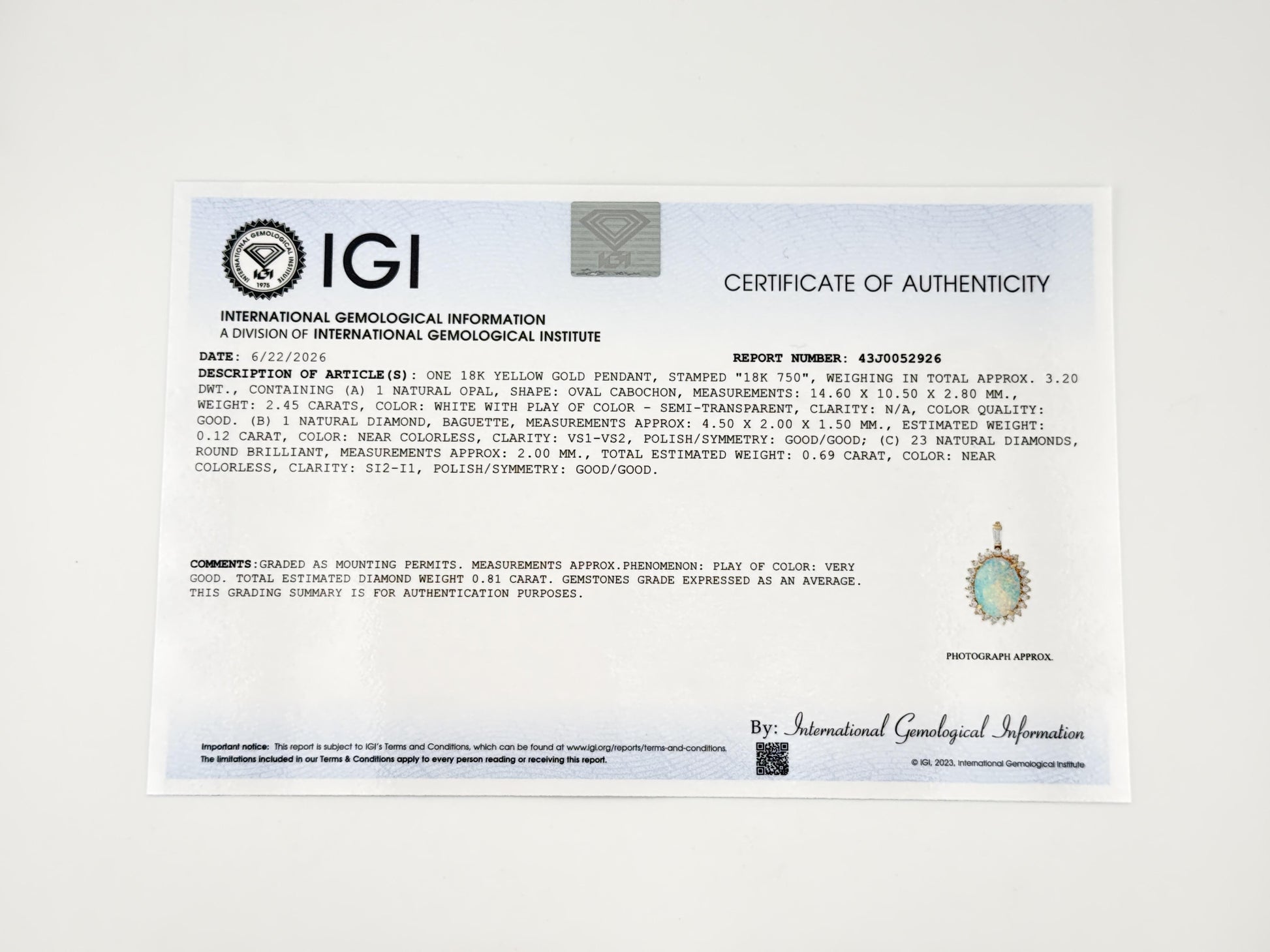 IGI Certified 2.45 CT Natural Opal & Diamond Halo Pendant in 18K Yellow Gold