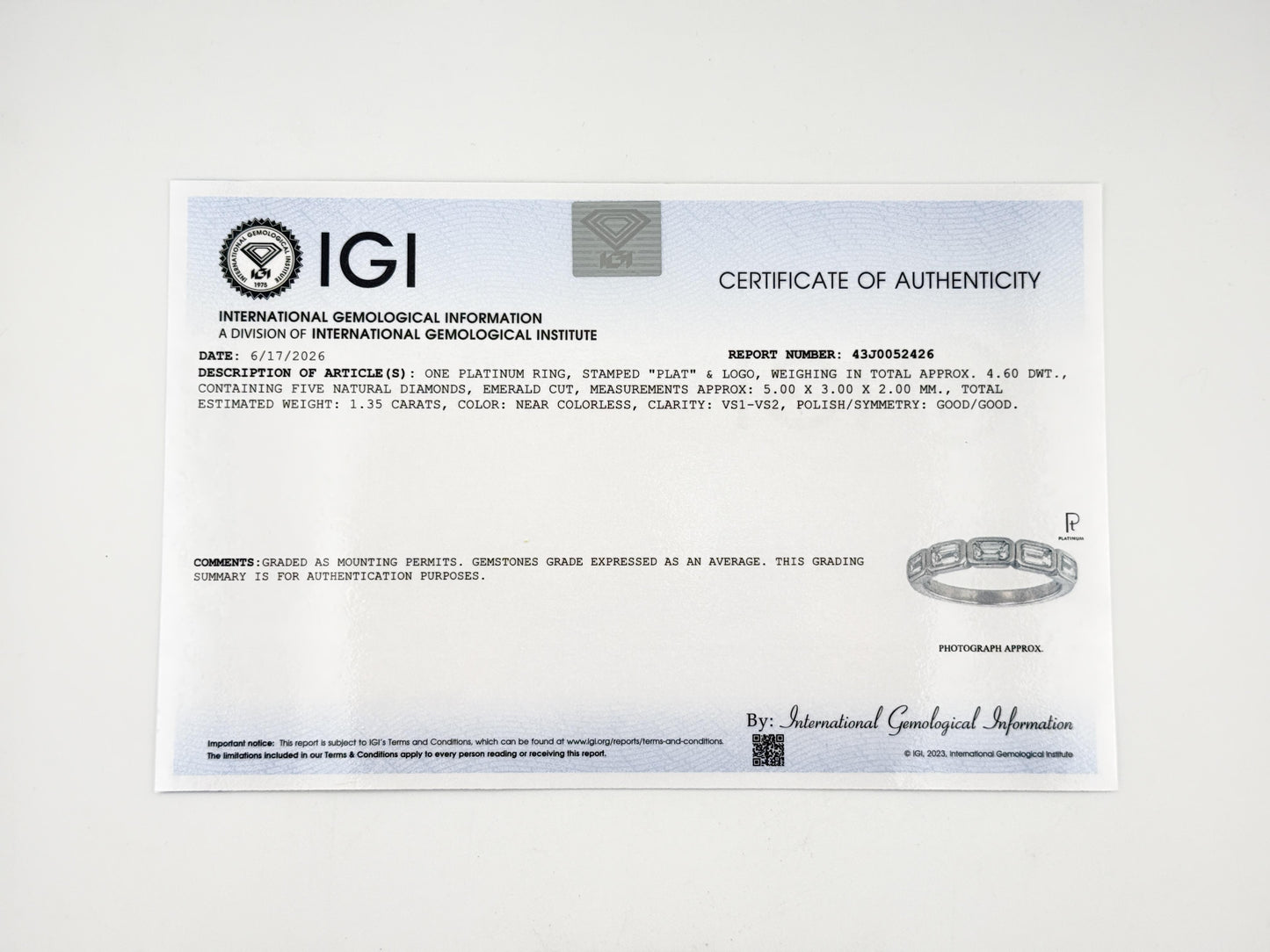 IGI Certified 1.35 CTW Emerald Cut Diamond 5-Stone Band Platinum Ring Size 9