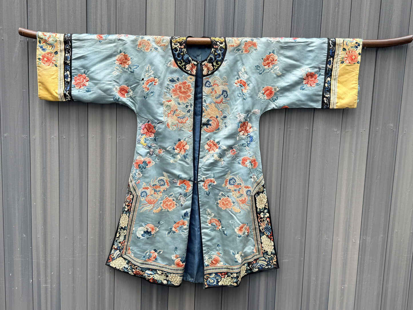 Qing Dynasty Blue Silk Embroidered Robe Peking Knot Details