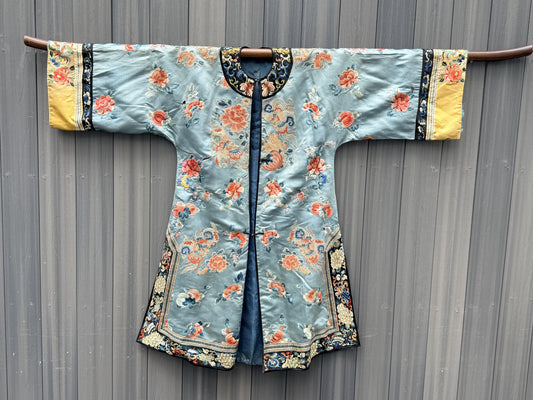 Qing Dynasty Blue Silk Embroidered Robe Peking Knot Details