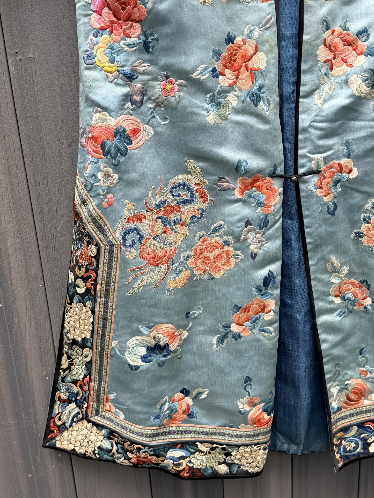 Qing Dynasty Blue Silk Embroidered Robe Peking Knot Details