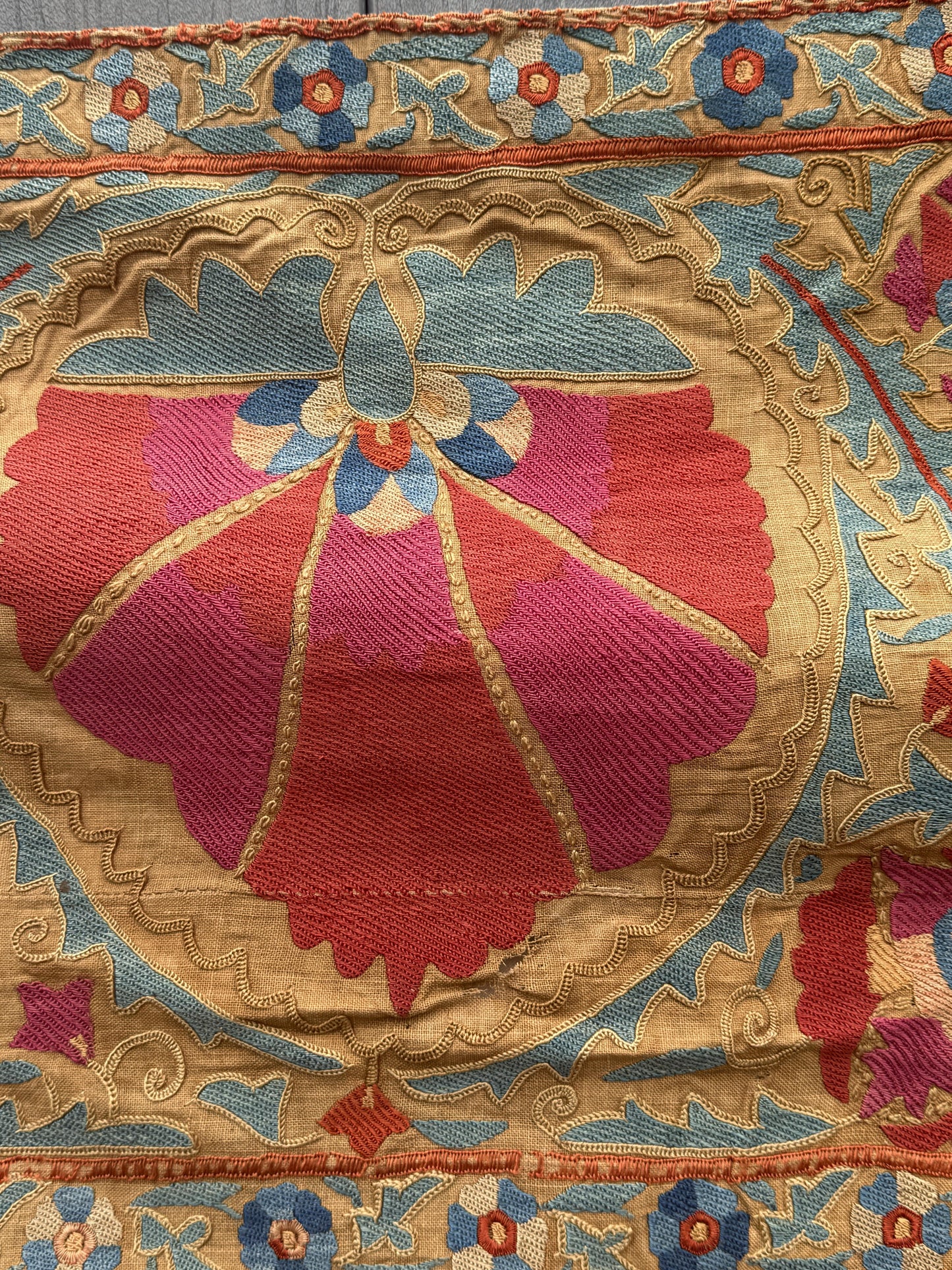 19th Century Uzbek Silk Embroidery Antique Pomegranate & Floral Suzani