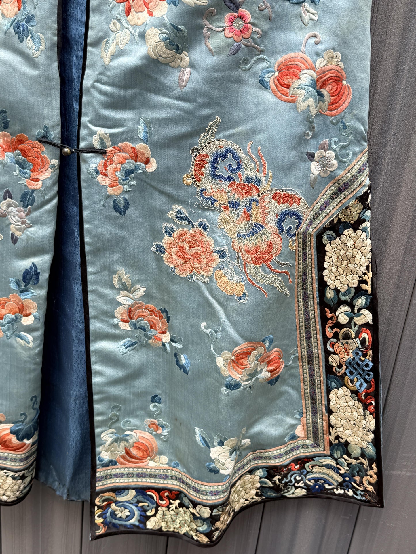 Qing Dynasty Blue Silk Embroidered Robe Peking Knot Details
