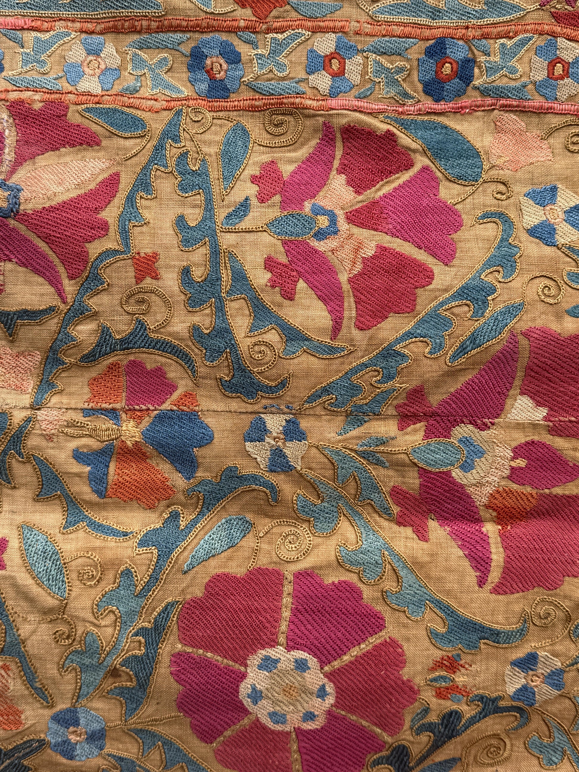 19th Century Uzbek Silk Embroidery Antique Pomegranate & Floral Suzani