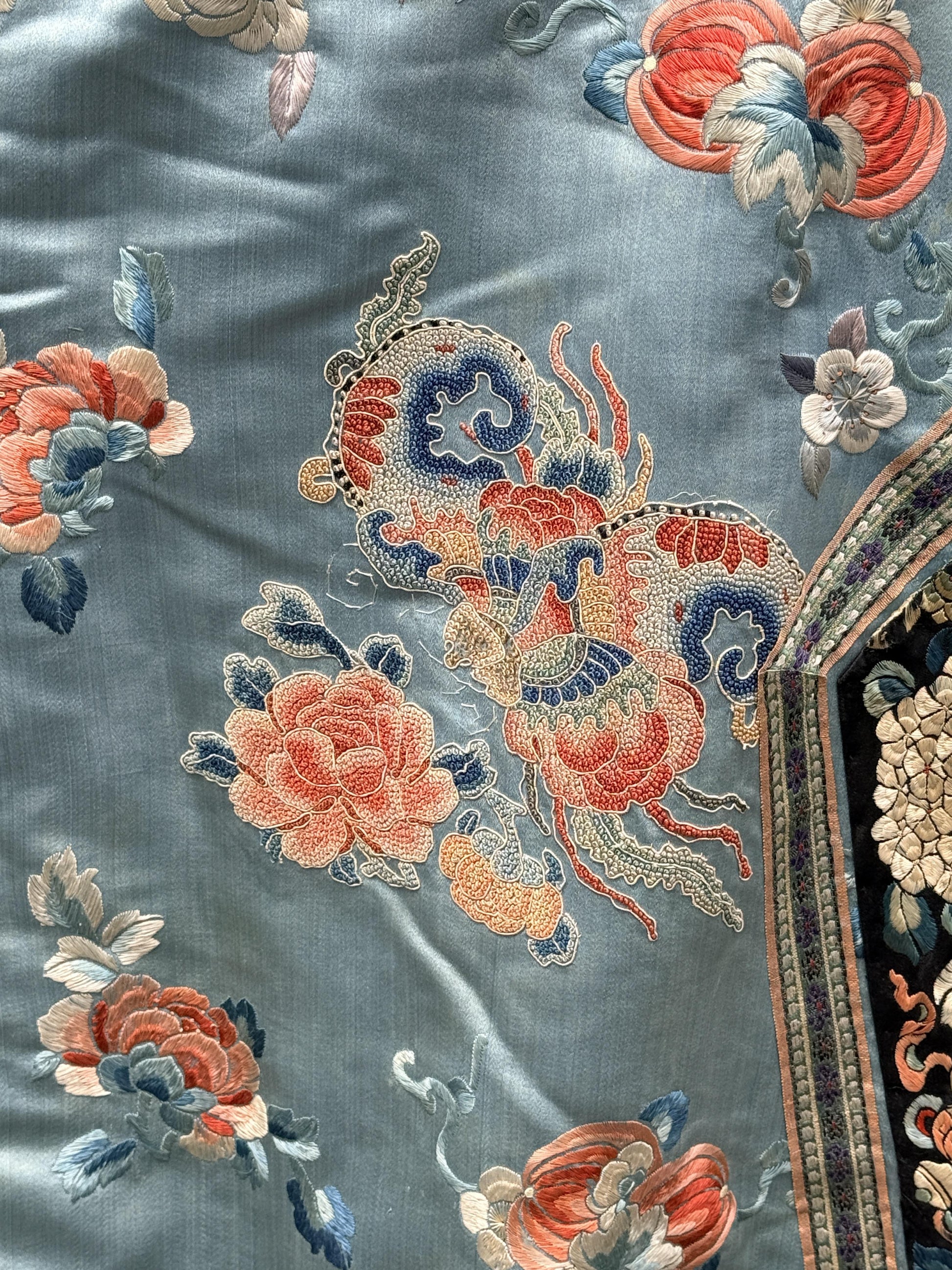 Qing Dynasty Blue Silk Embroidered Robe Peking Knot Details