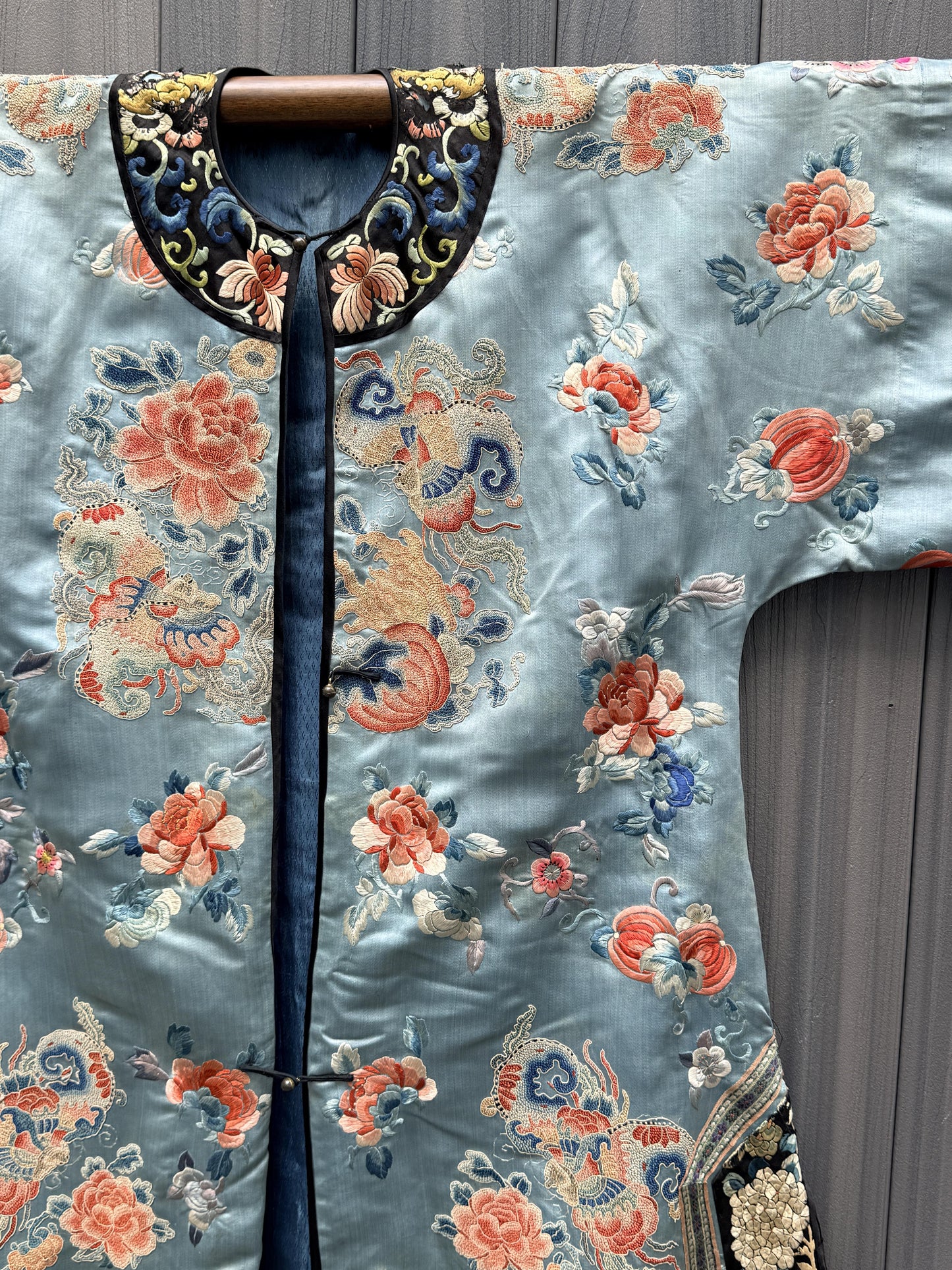 Qing Dynasty Blue Silk Embroidered Robe Peking Knot Details