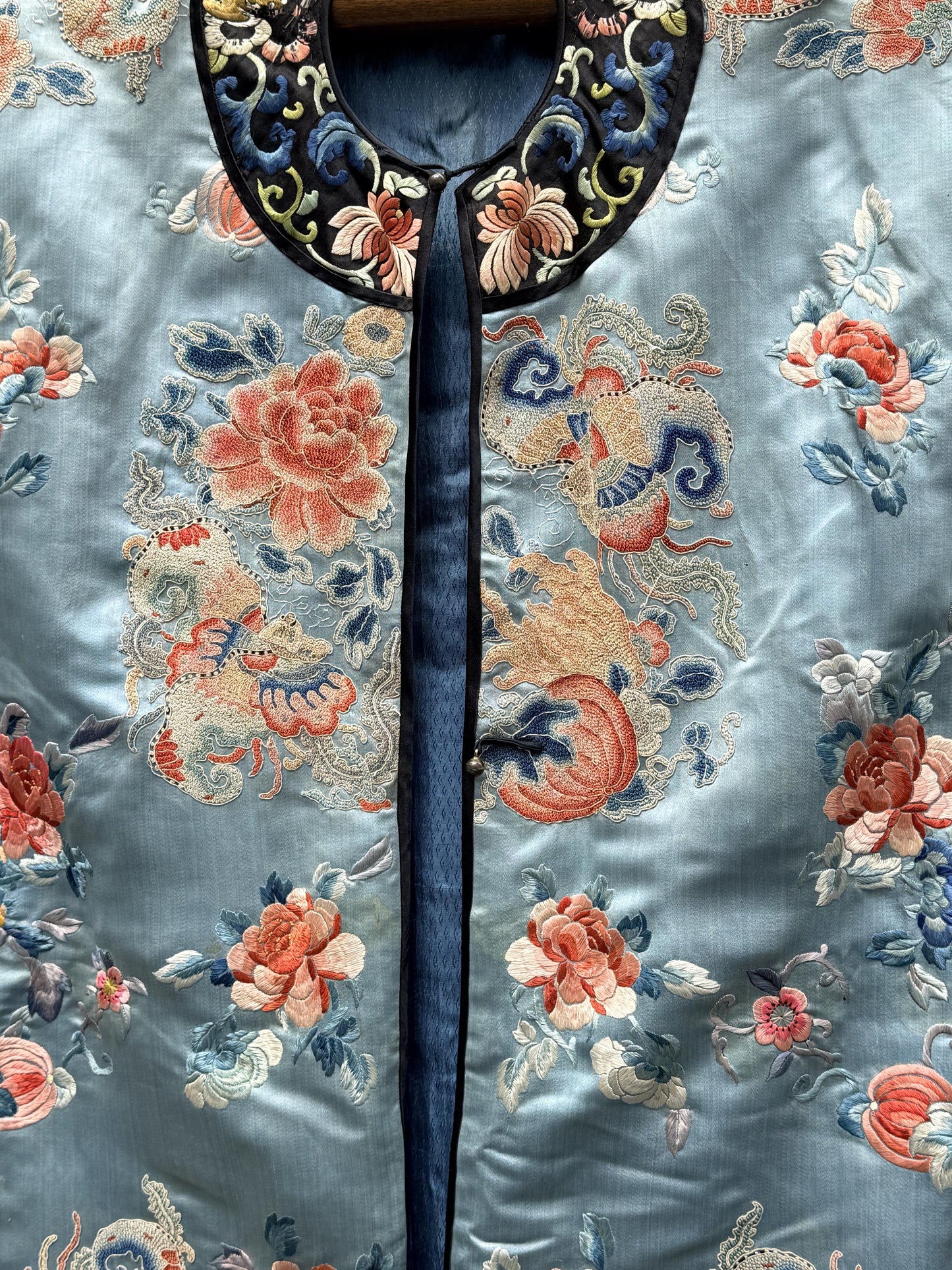 Qing Dynasty Blue Silk Embroidered Robe Peking Knot Details