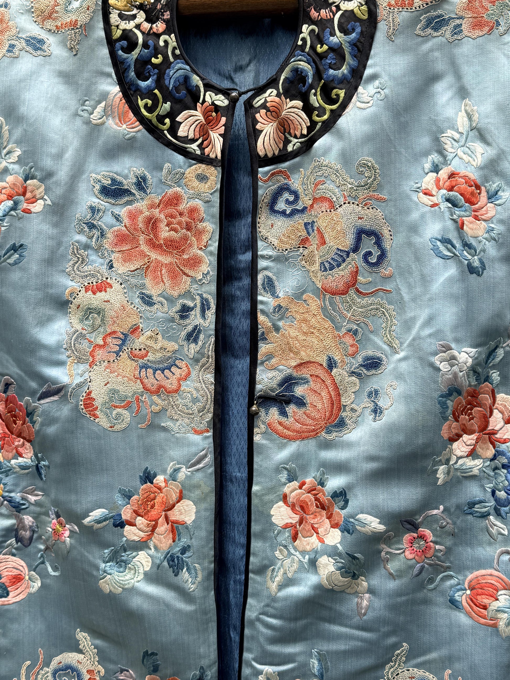 Qing Dynasty Blue Silk Embroidered Robe Peking Knot Details