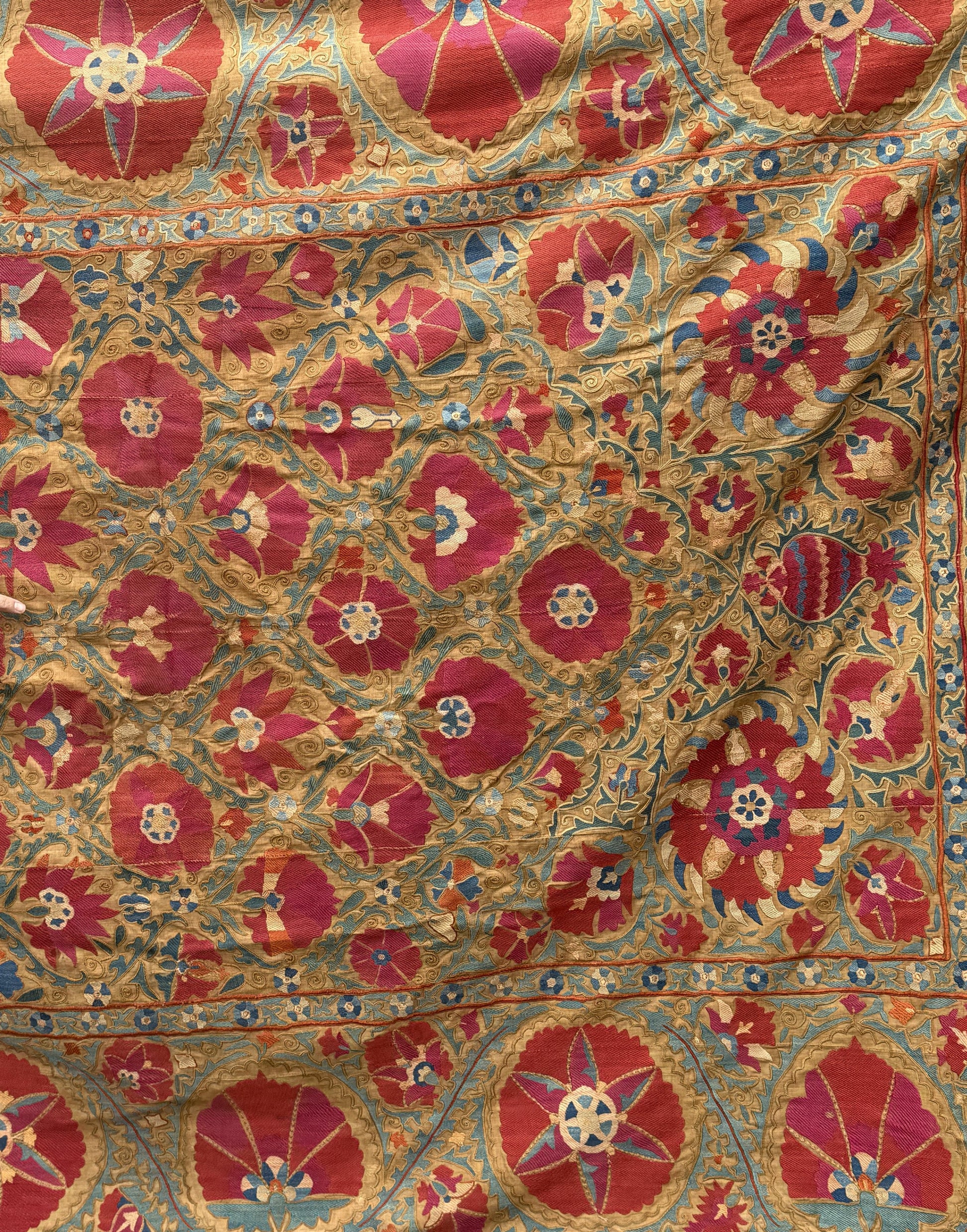 19th Century Uzbek Silk Embroidery Antique Pomegranate & Floral Suzani