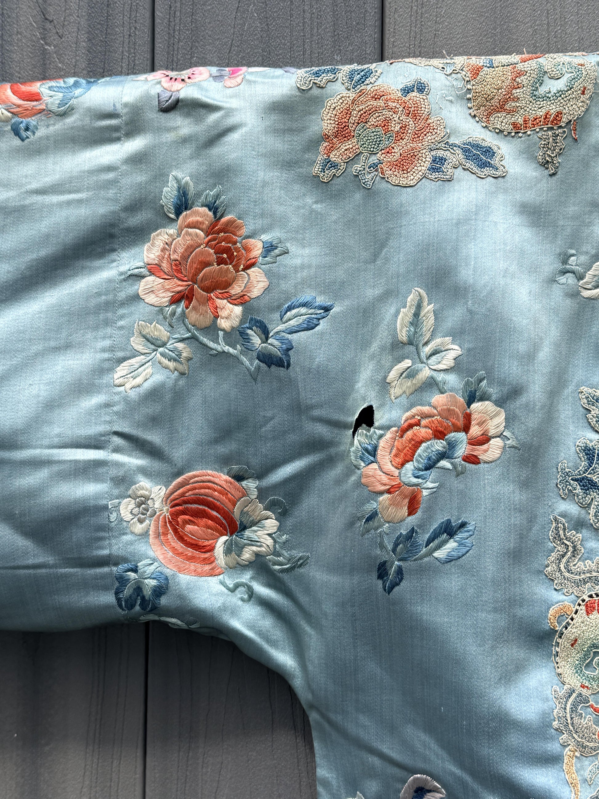 Qing Dynasty Blue Silk Embroidered Robe Peking Knot Details