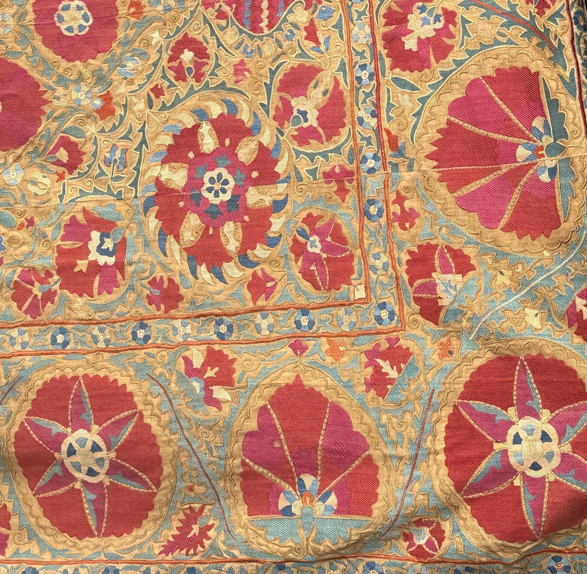 19th Century Uzbek Silk Embroidery Antique Pomegranate & Floral Suzani