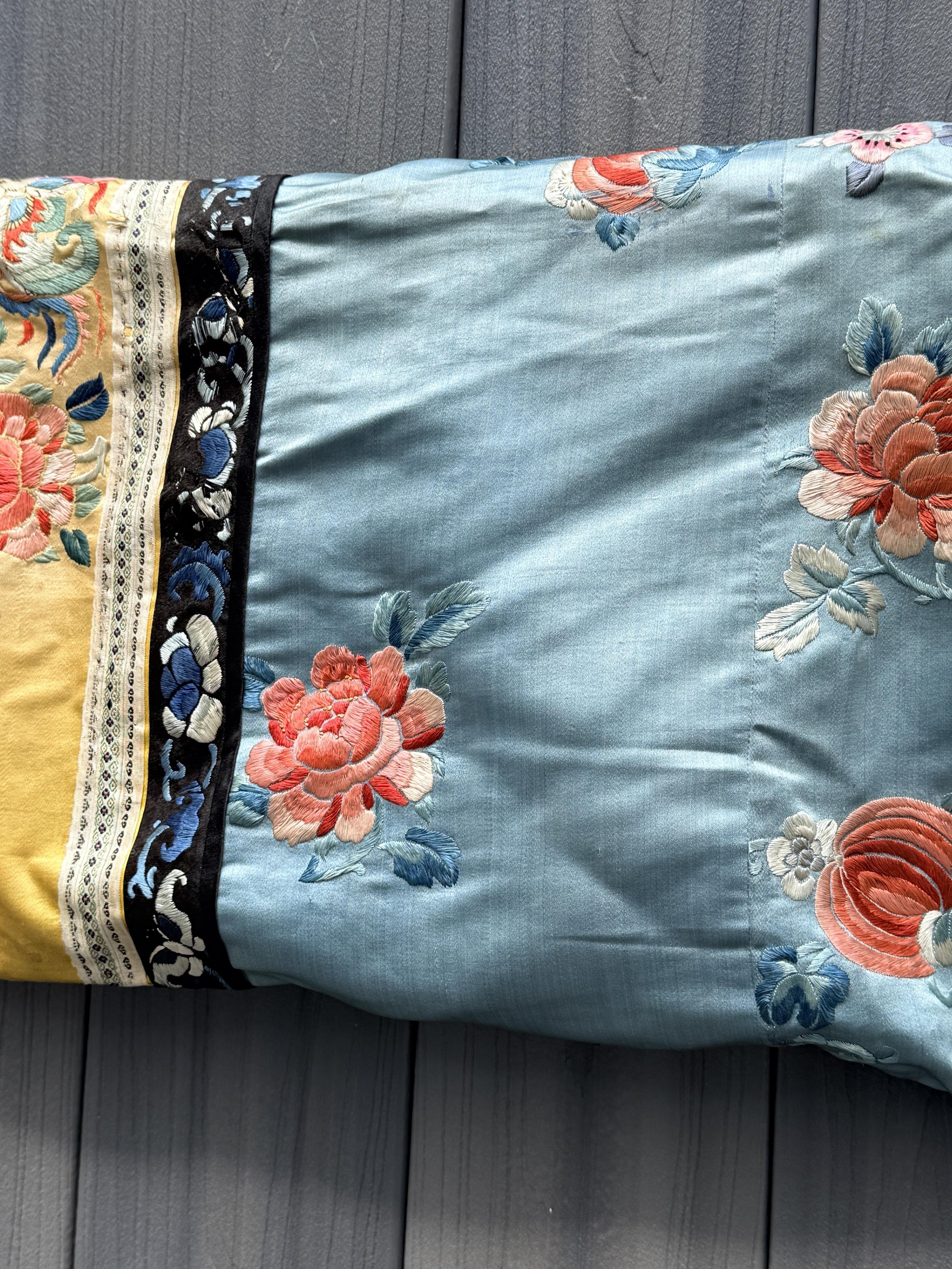 Qing Dynasty Blue Silk Embroidered Robe Peking Knot Details