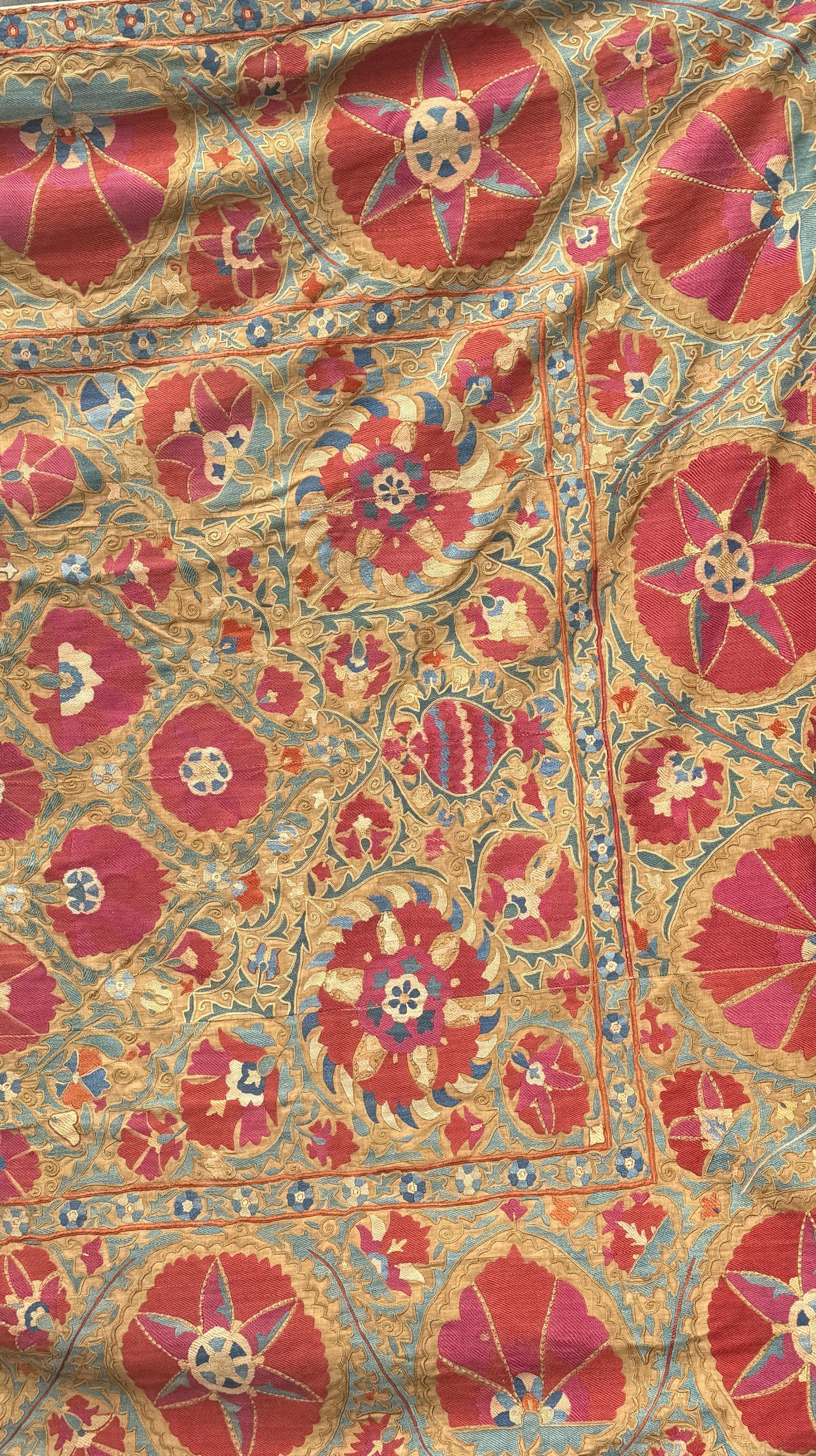19th Century Uzbek Silk Embroidery Antique Pomegranate & Floral Suzani