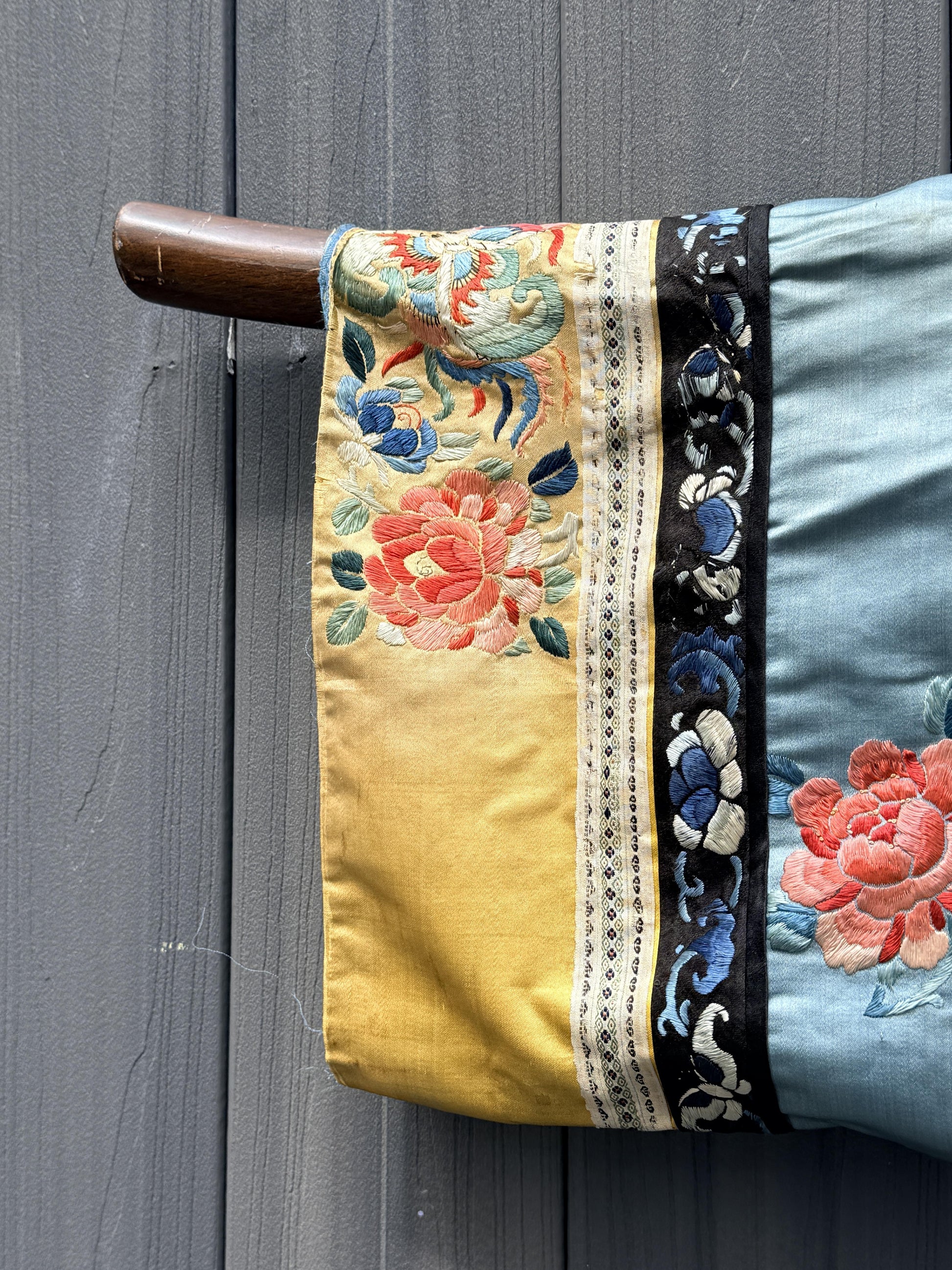 Qing Dynasty Blue Silk Embroidered Robe Peking Knot Details