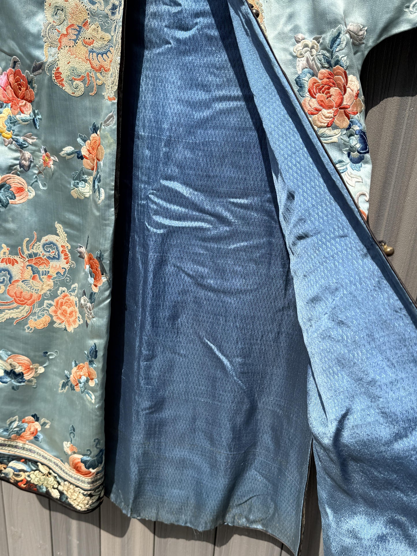 Qing Dynasty Blue Silk Embroidered Robe Peking Knot Details