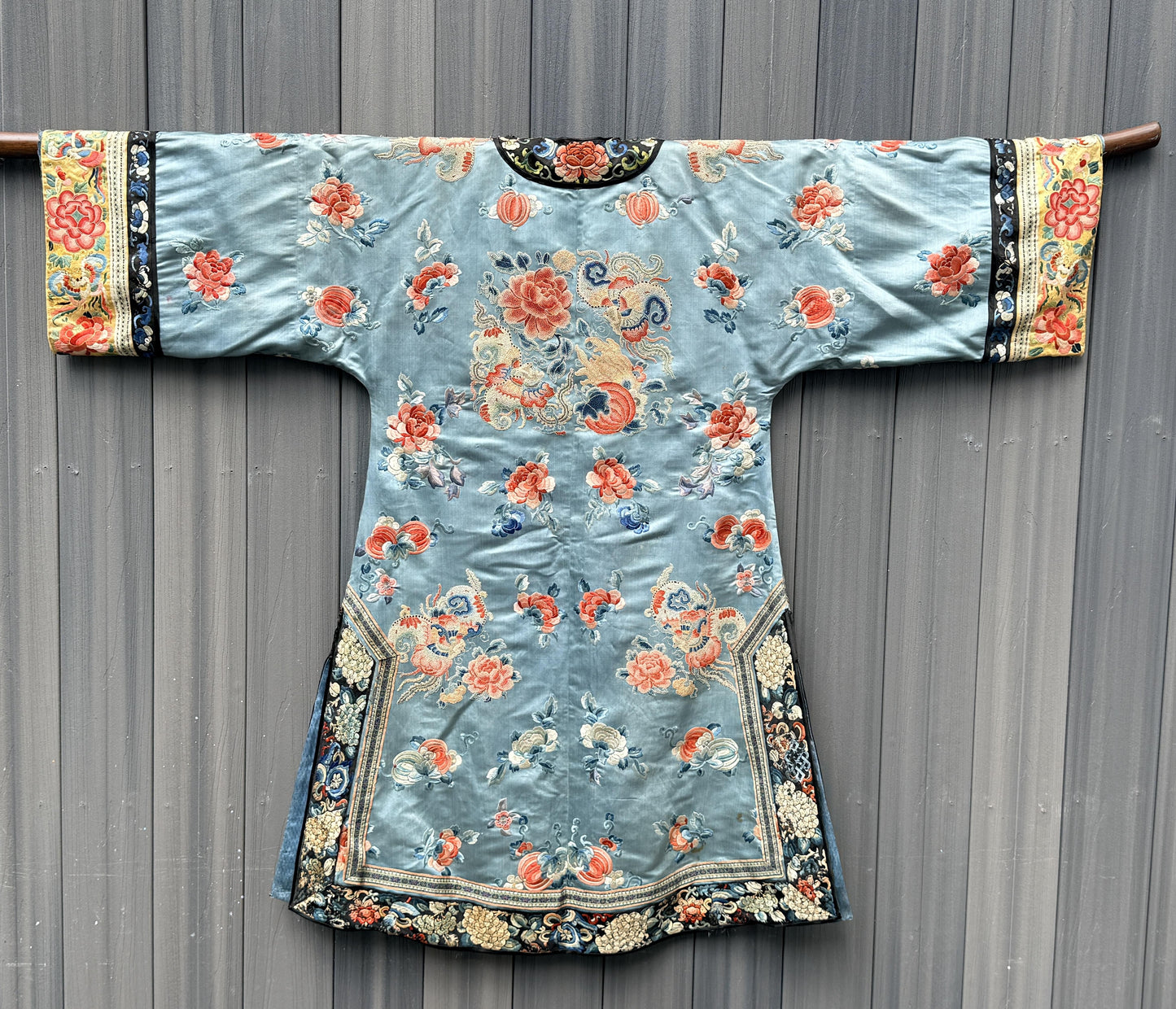 Qing Dynasty Blue Silk Embroidered Robe Peking Knot Details