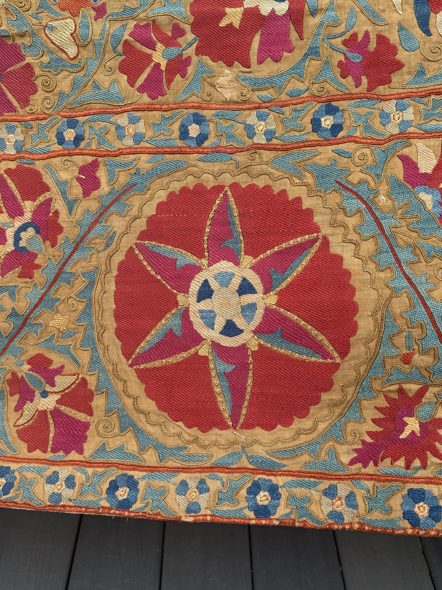 19th Century Uzbek Silk Embroidery Antique Pomegranate & Floral Suzani