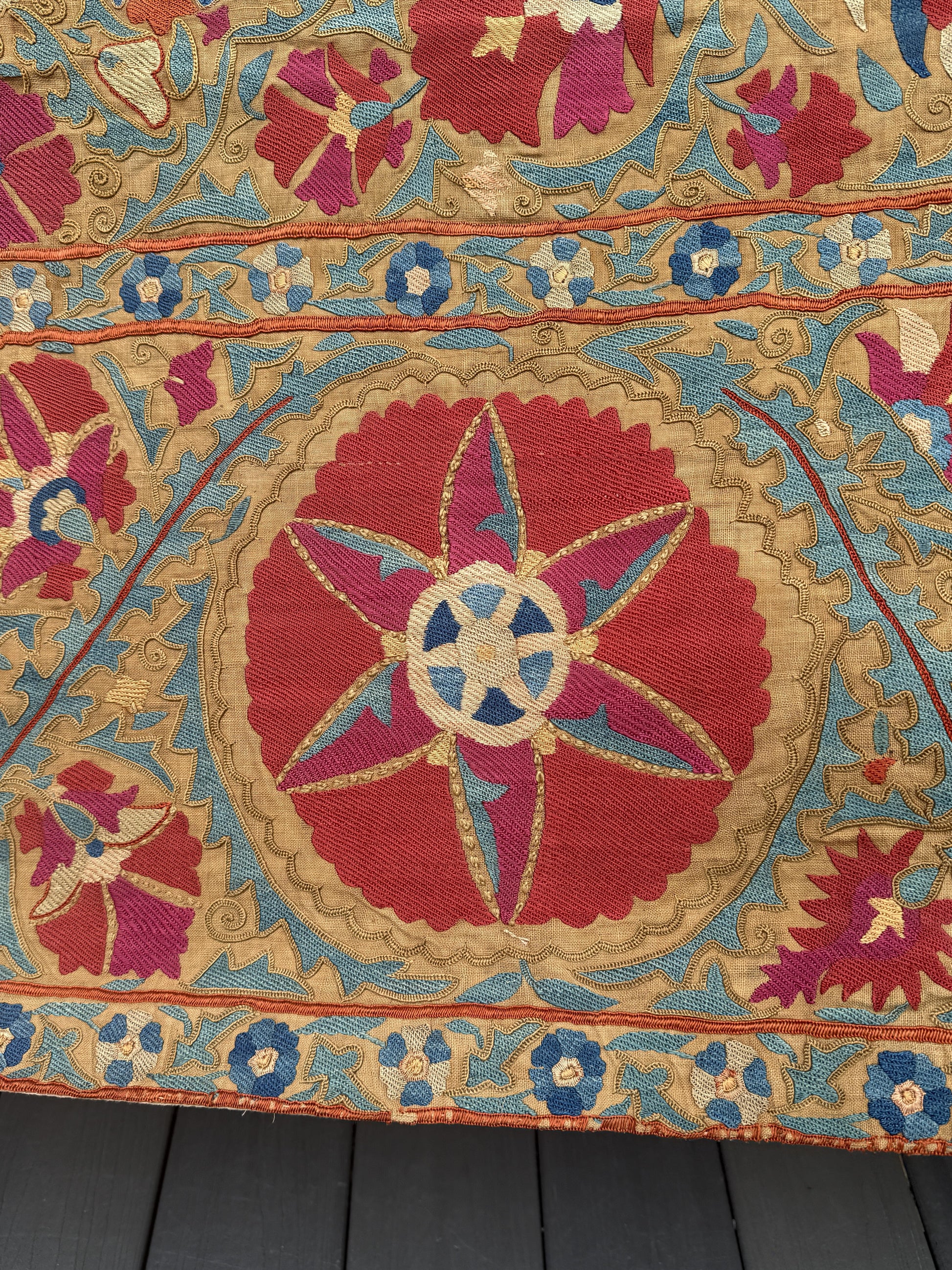 19th Century Uzbek Silk Embroidery Antique Pomegranate & Floral Suzani