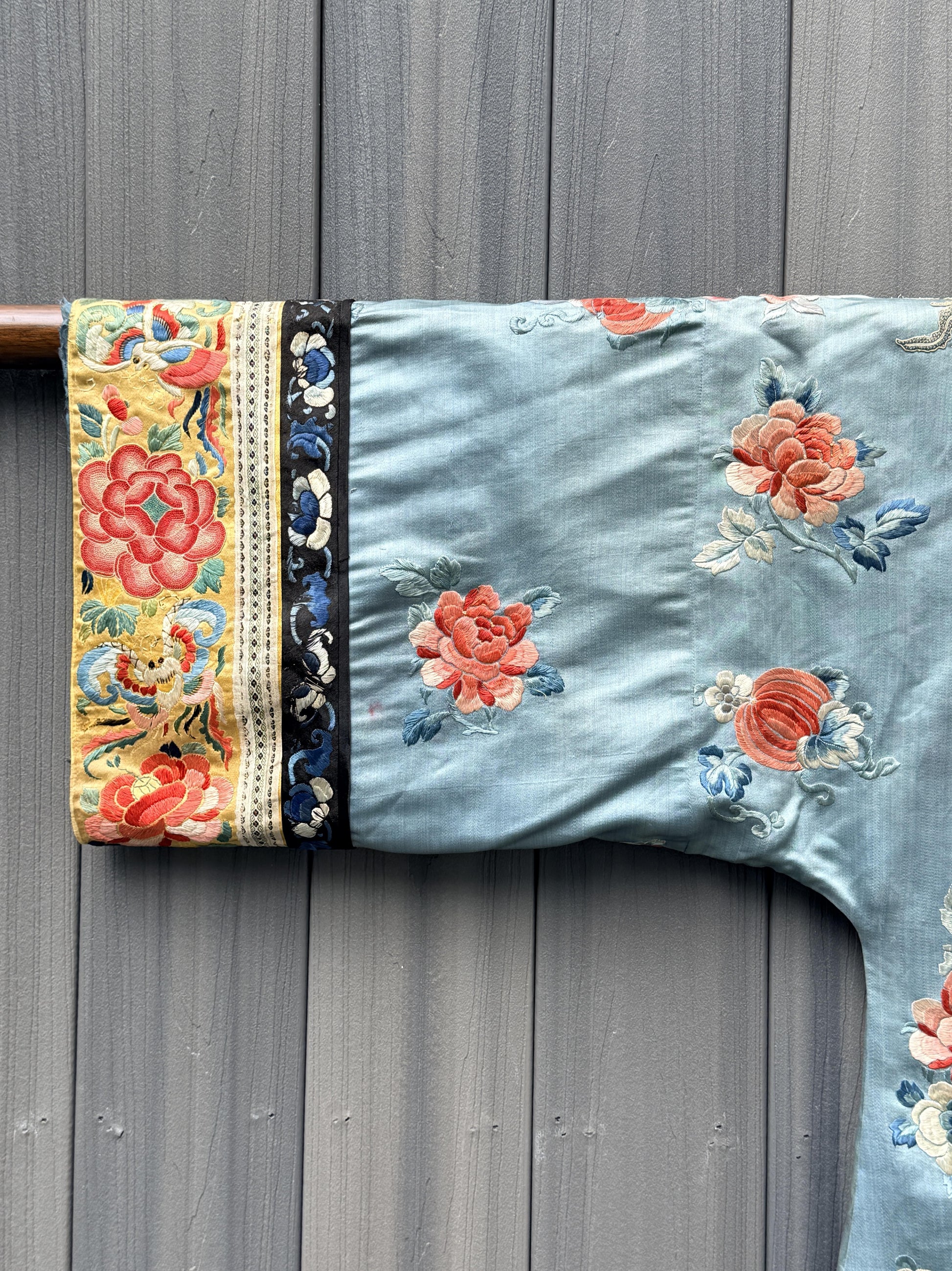 Qing Dynasty Blue Silk Embroidered Robe Peking Knot Details